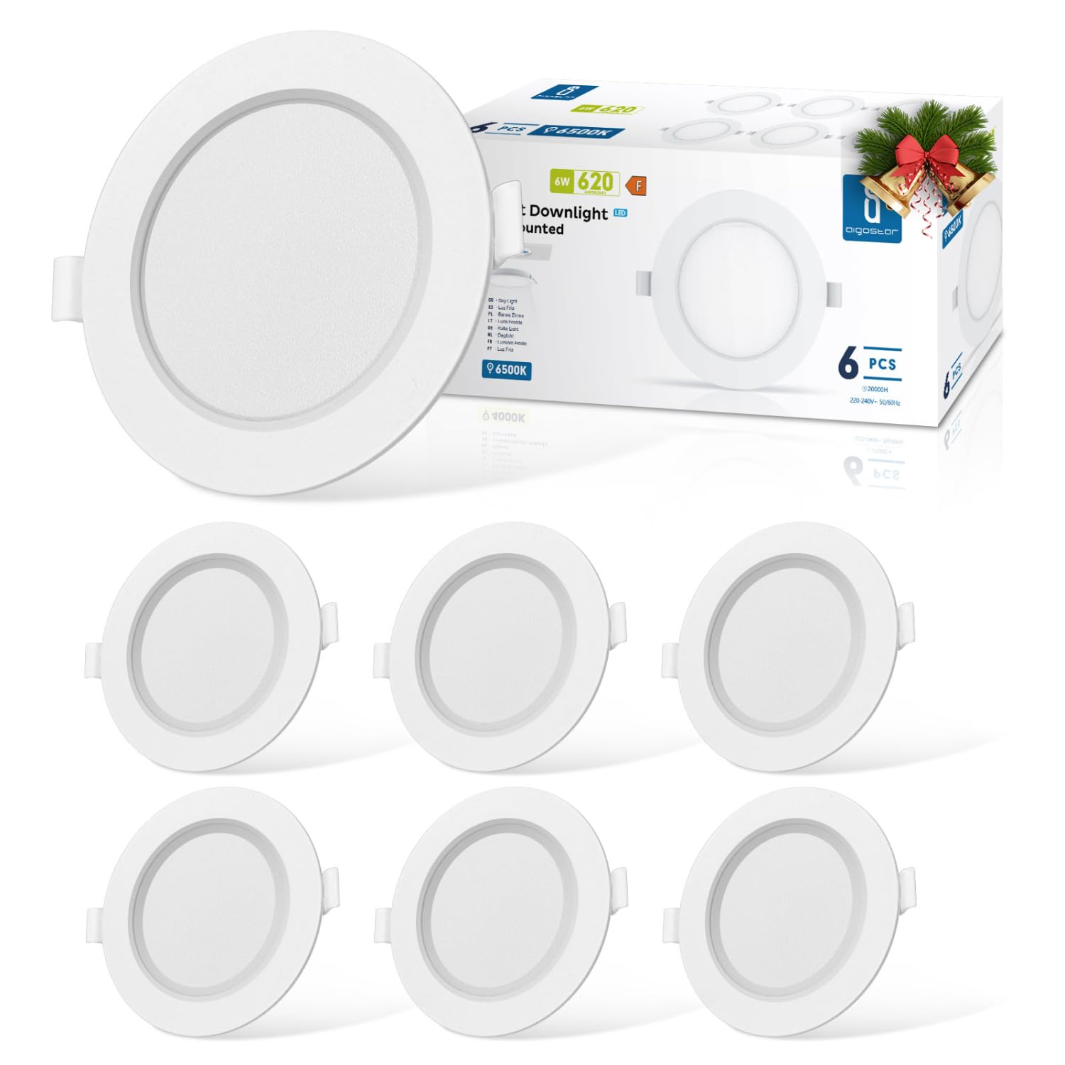 Aigostar Downlight led empotrable Redondo 6W equivalente 49W, 6500K Luz blanca fria, Blanco,foco empotrable LED,Ojos de buey de led, Ф95-100mm, 6 pack