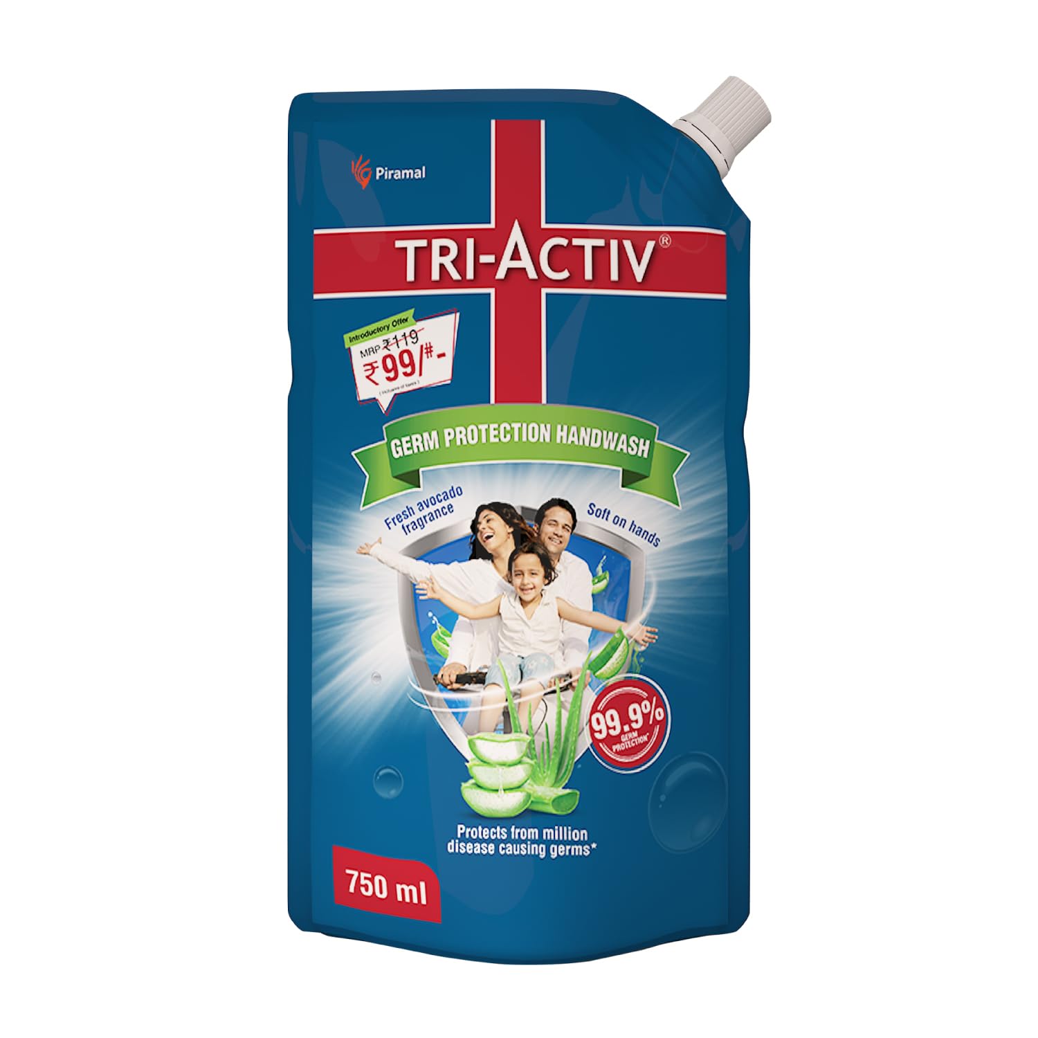 Tri-Activ Germ Protection Handwash Refill Pack | Protects from 99.9% disease causing germs | With goodness of Aloevera | Keeps hands soft & moisturized | Refreshing Avocado fragrance 750ml (750ml, 3)
