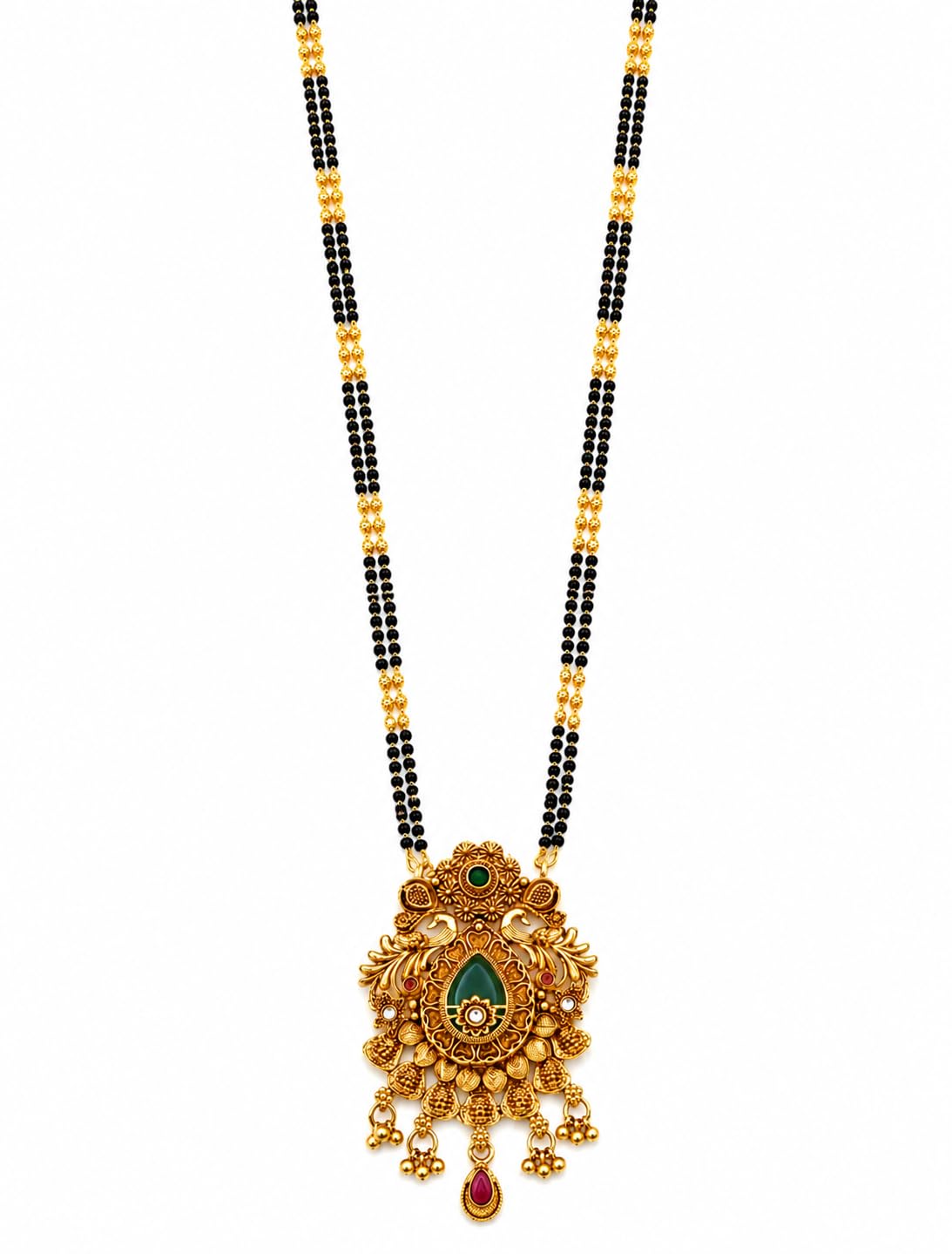 Traditional Mangalsutra with Round Pendant & Earrings | Gold Plated Black Bead Long Chain | Micropolish Design Jewelry for Women & Girls-image-41