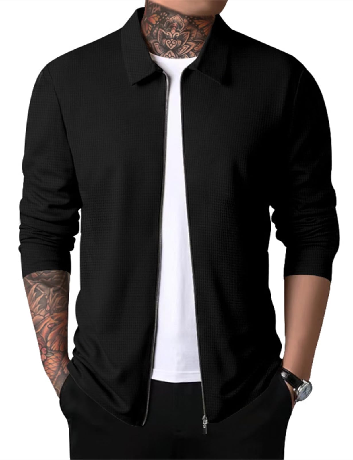Men Casual Cardigan Sweaters Laydown Collar Zipper Closure Solid Color Long Sleeve Waffle Jackets-image-21