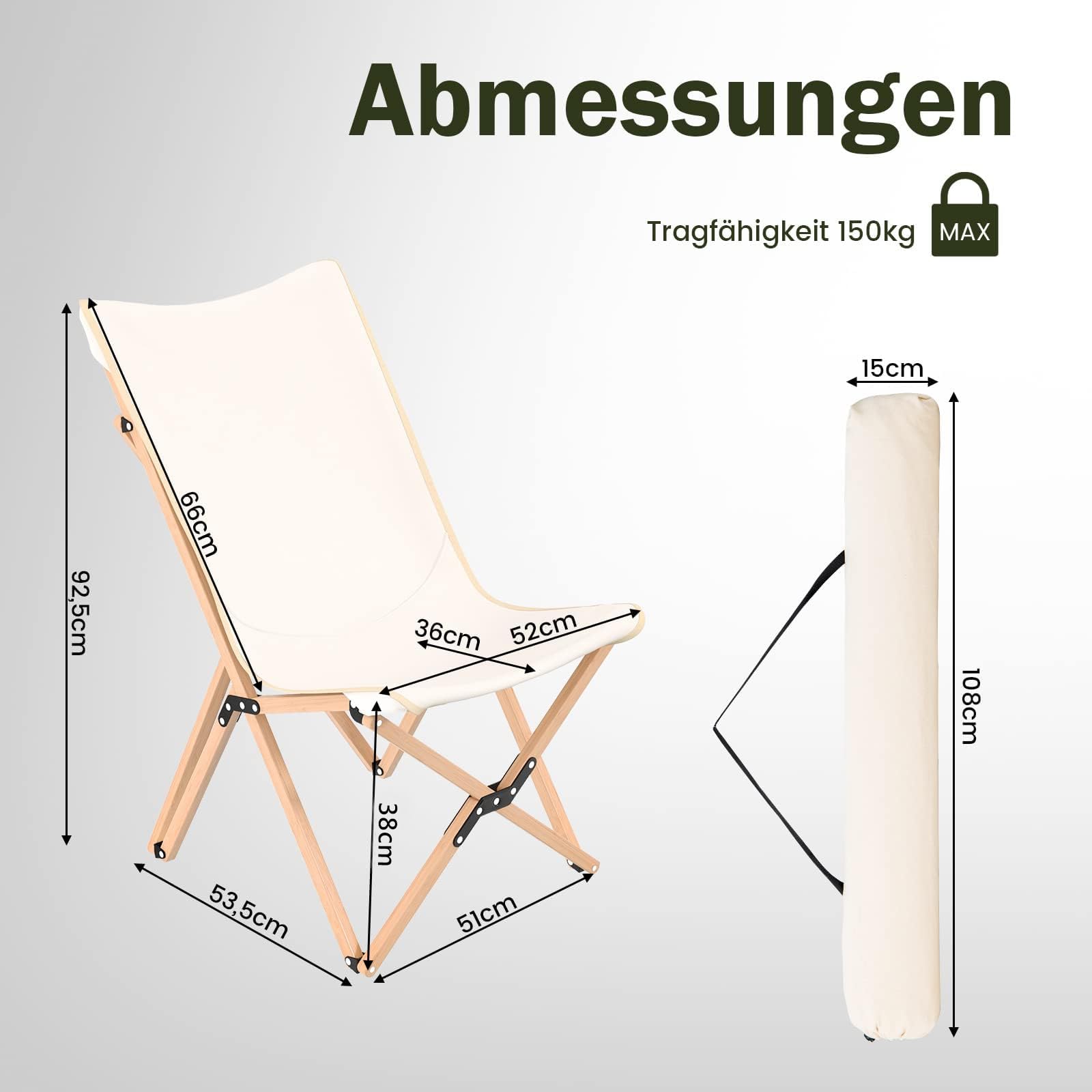 GOPLUS Campingstuhl faltbar 2er Set, Liegestuhl klappbar aus Bambus, Gartenstuhl bis 150kg belastbar, Klappstuhl leicht tragbar mit Tragetasche, Strandstuhl für Camping, Picknick & Angeln (Weiß)