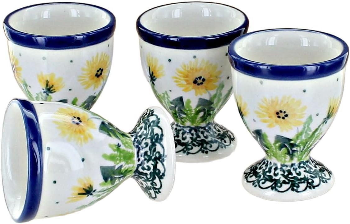Blue Rose Polish Pottery - Blue Alyce Egg Cup Set - 4 2.25" Tall Egg Cups - Durable Stoneware Cups for Soft or Hard Boiled Eggs