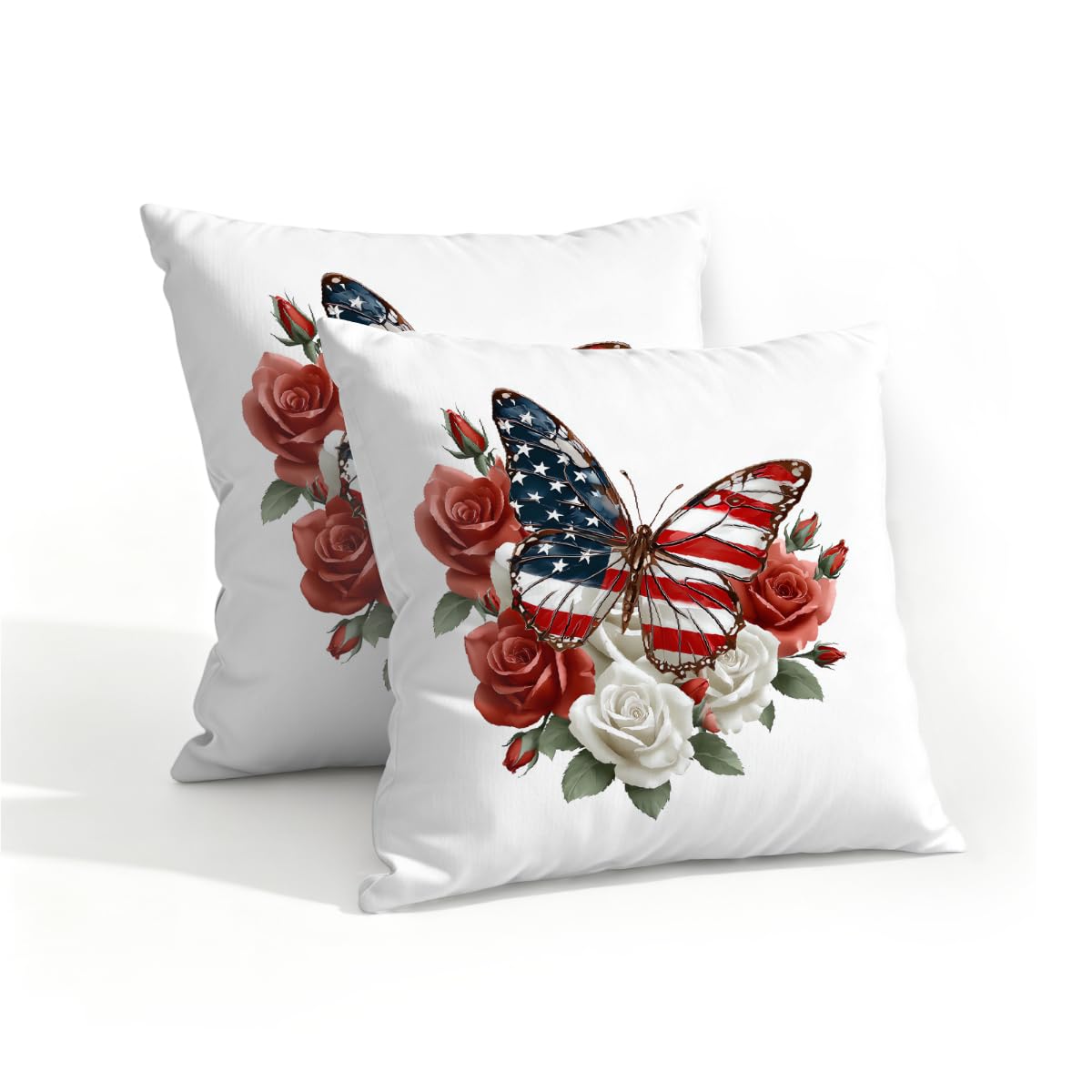 Outdoor Pillow Covers Waterproof Pillowcases 16x16in Set of 2 4th of July American Flag Flower Butterfly Decorative Throw Cushion Case for Couch Sofa Garden Patio Furniture