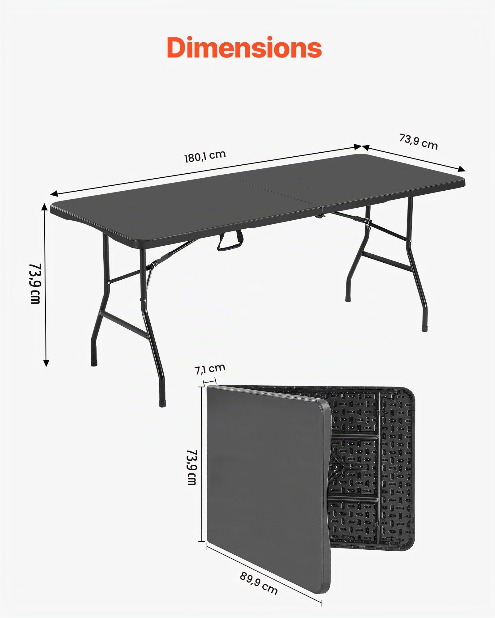 VEVOR Table Pliante Rectangulaire en Plastique, Table Utilitaire Portable de 180 cm, Solide et Stable, avec Poignée Intégrée, pour Soirée, Pique-Nique et Camping, Intérieur et Extérieur, Noir