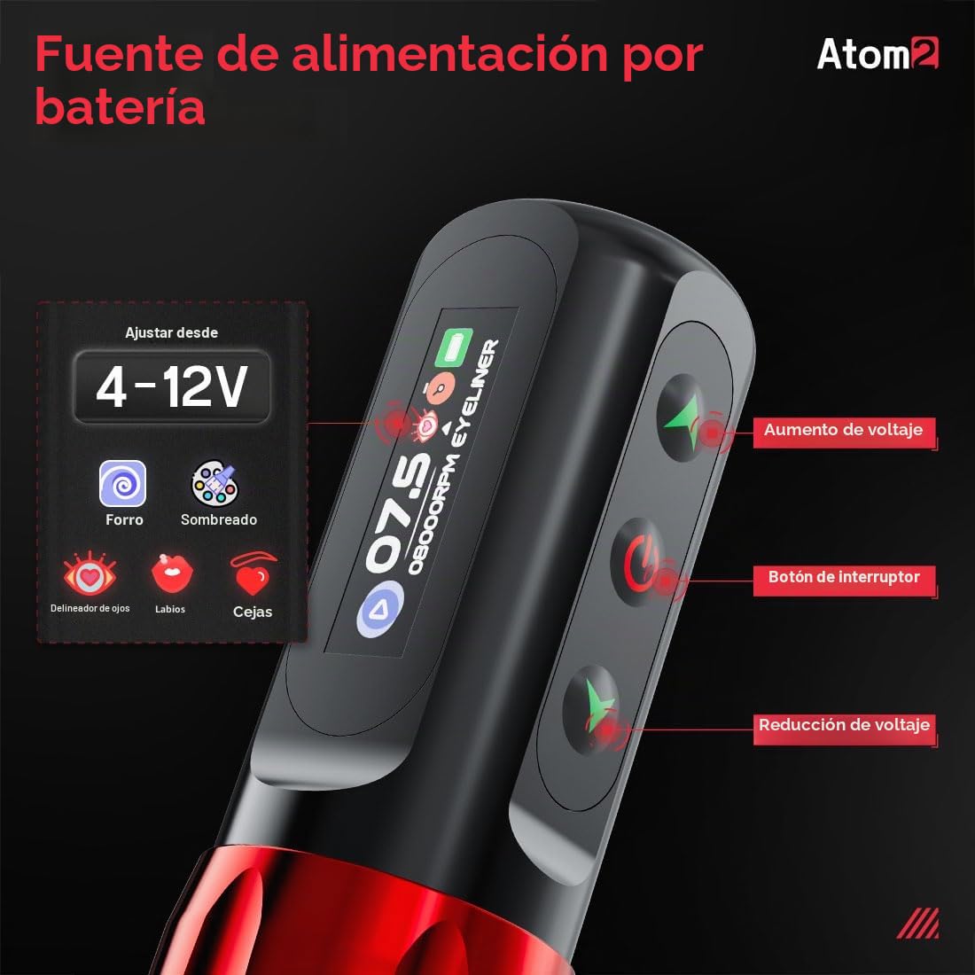 Dragonhawk Atom2 Máquina de Tatuar Rotary Tattoo Microblading Pen 2,8mm Strokes Length 1 Baterías & Conector RCA for Eyebrow Eyeliner Lip (RED 1 BATTERY)
