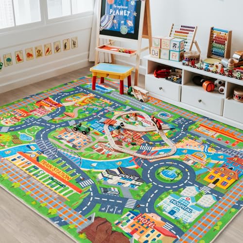 plumlik Car Rug Play Mat for Kids Toy Cars, Road Traffic Playmat for Kid Bedroom, Non-Slip Machine...