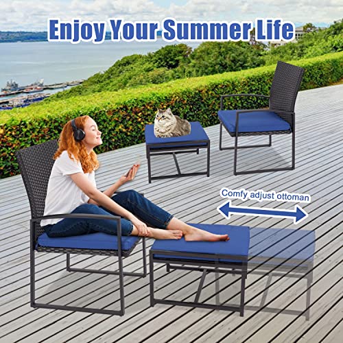 Kinbor 5 Pieces Outdoor Patio Furniture Set, Wicker Pool Deck Chairs With Ottomans And Coffee Table, Pe Rattan Conversation Set For Balcony Porch Backyard Garden Poolside, Dark Blue #TOP4