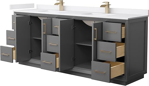 Miniatura 4 de Wyndham Collection Strada 84 Inch Double Bathroom Vanity in Dark Gray, White Cultured Marble Countertop, Undermount Square Sink, Satin Bronze Trim