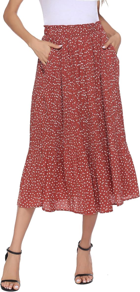 Women's Chiffon Skirts Boho Retro Maxi Skirt Polka Dot Pleated Skirt Casual Summer Skirt Long Beach Skirt with Pocket