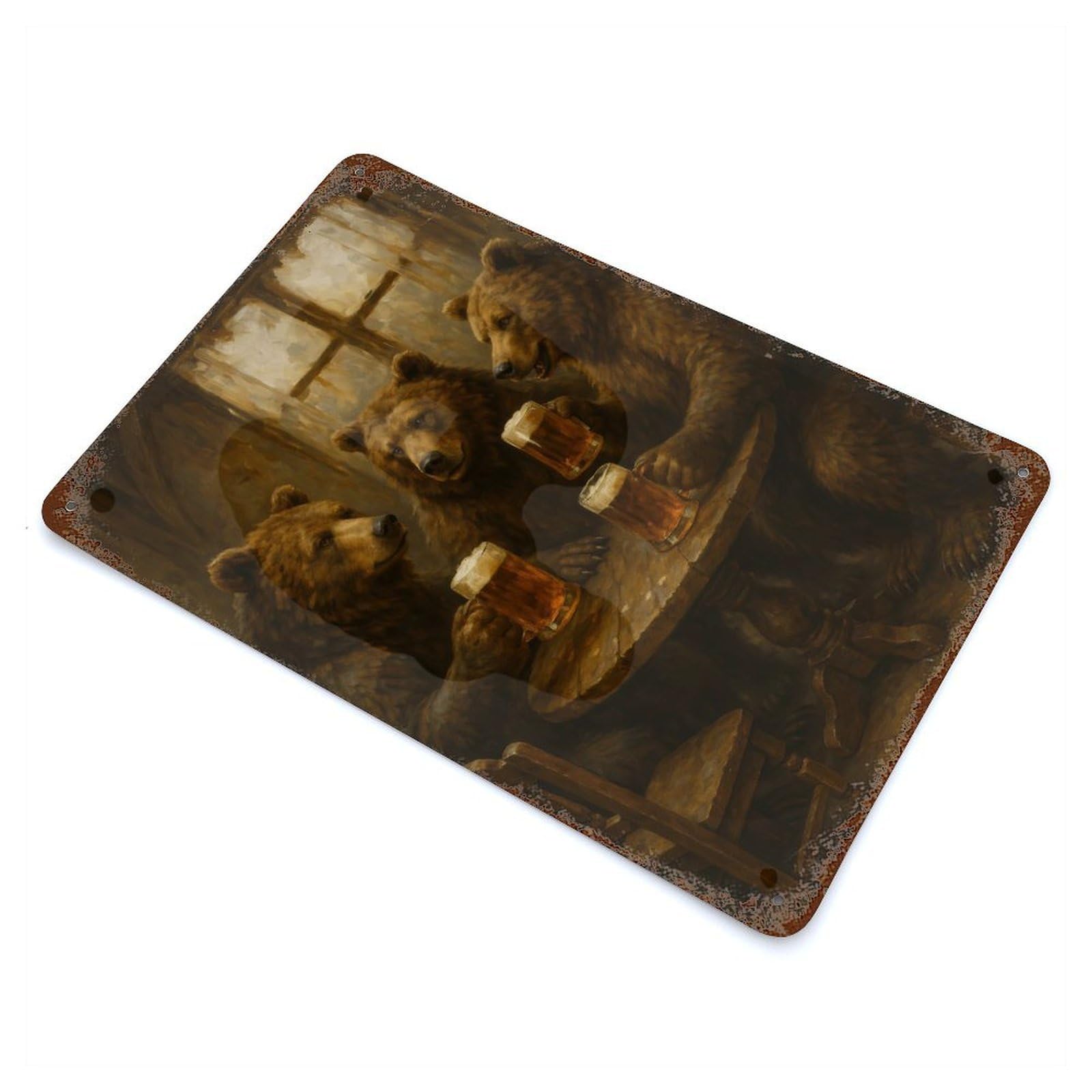 Rustic Tin Plaque Bears Drinking Beer at A Table 11.8"x7.9", Retro Wall Decor for Shed, Workshop And Garage Wall Decor