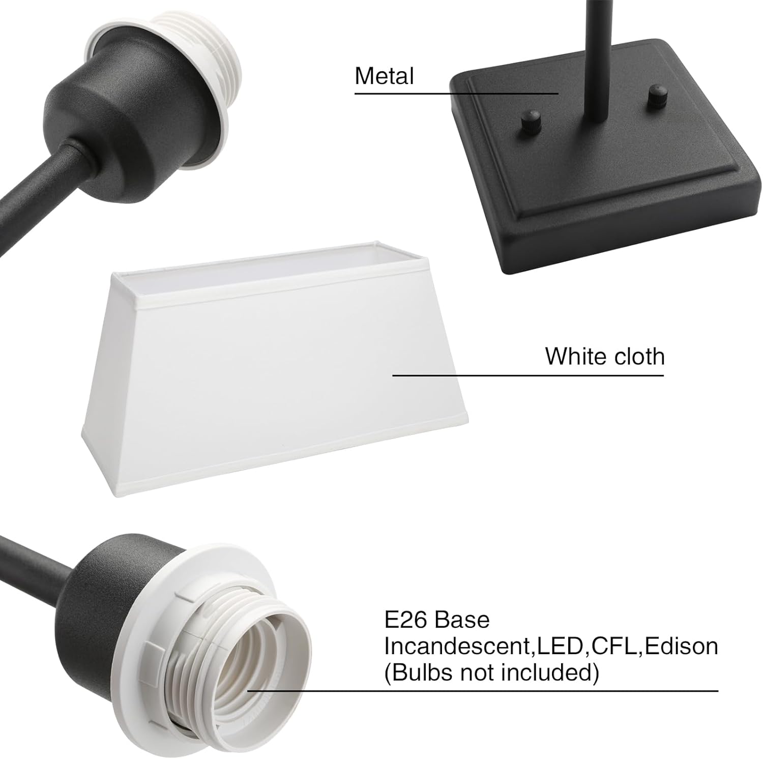 PERMO Transitional Double Sconce Indoor 2 Lights Sconces Black Wall Lighting with White Textile Fabric Square Shade Wall Sconces for Bedroom Bedside Living Room