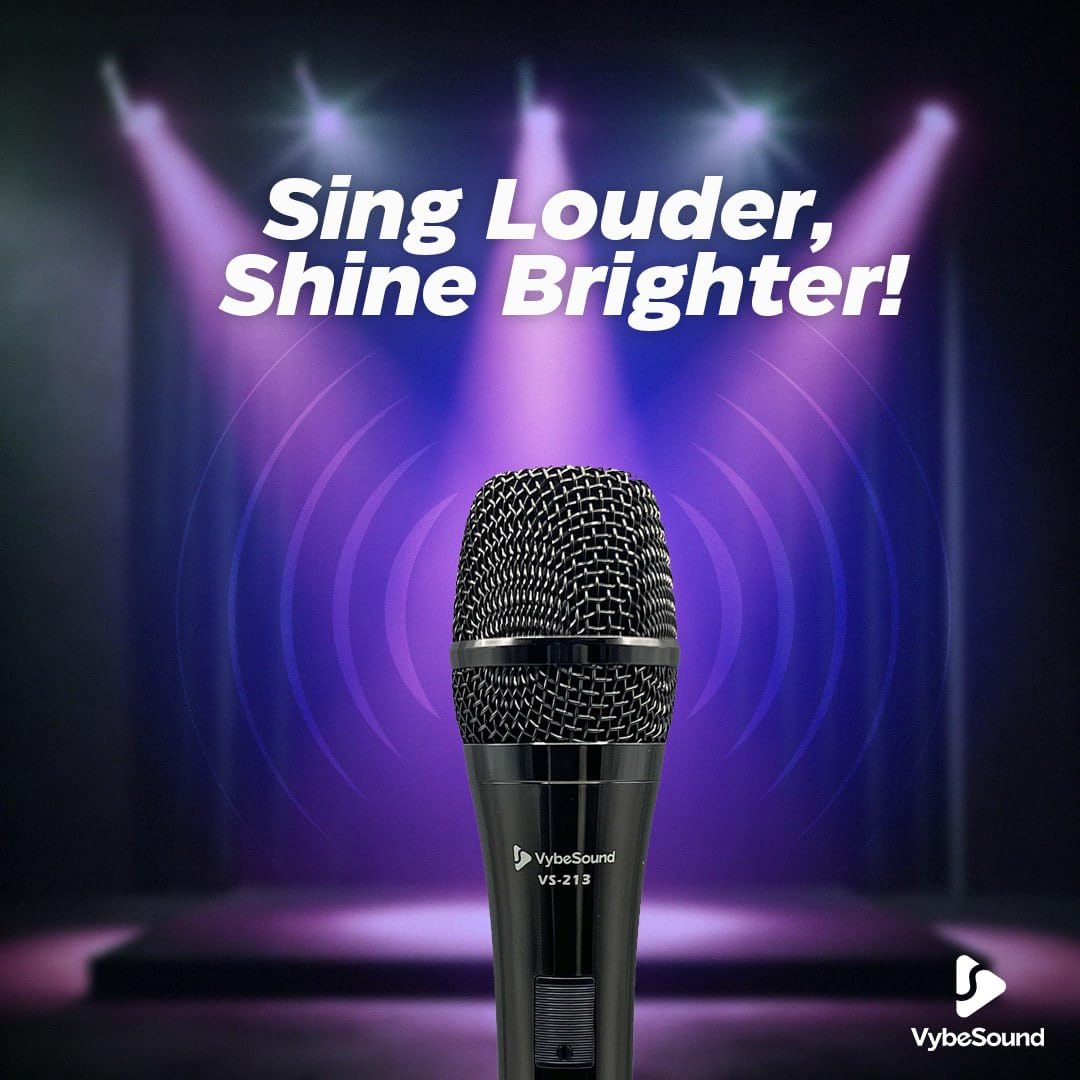 VybeSound VS-213 Professional Dynamic Vocal Microphone – 13ft XLR Cable, On/Off Switch, for Speakers, Karaoke, Podcasting, Amps & Mixers, Black