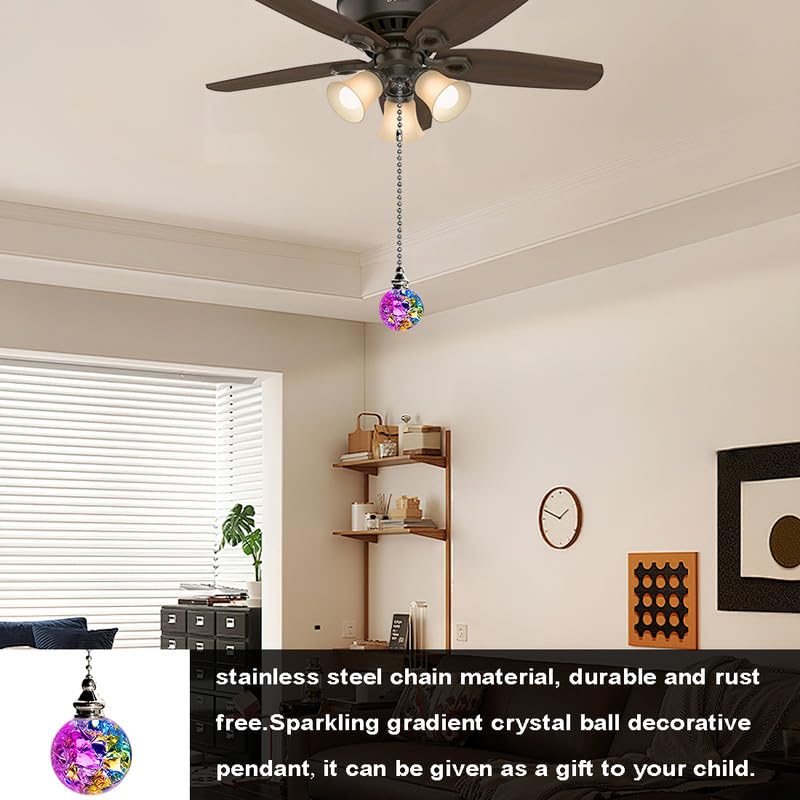 Image of Crystal Ball Ceiling Fan Pull Chain Ornament, 12 inch Chain Gradient Color Fan Light Pulls Decorative Extension with Connector, Sliver Chain