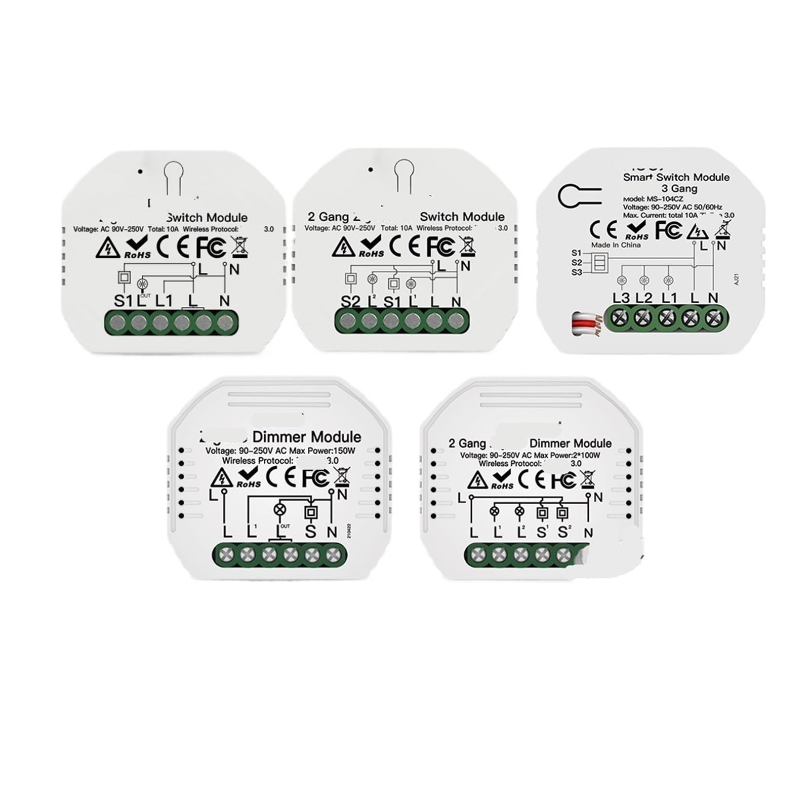 1 Uds. Interruptor de luz 3,0 módulo de relé de interruptor de luz inteligente 1/2/3 Juego(2 Gang Dimmer Switch)
