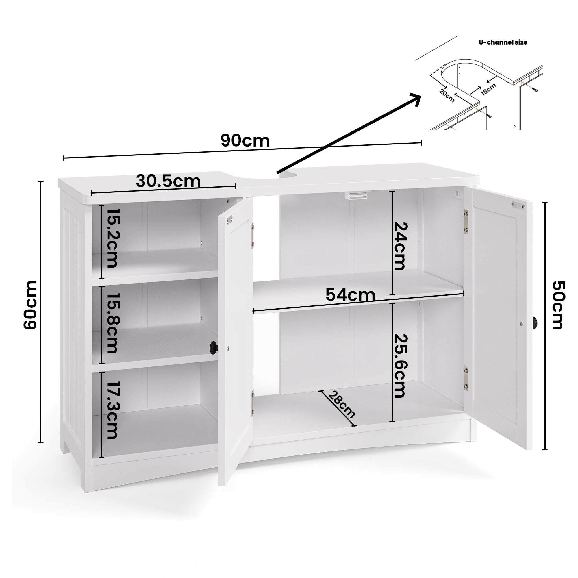 Bealife Szafka pod umywalkę, szafka łazienkowa 90 x 30 x 60 cm, z 2 drzwiami, 5 półkami i wkładaną półką z regulacją wysokości na 3 poziomach, zamknięcie magnetyczne, dużo miejsca do przechowywania