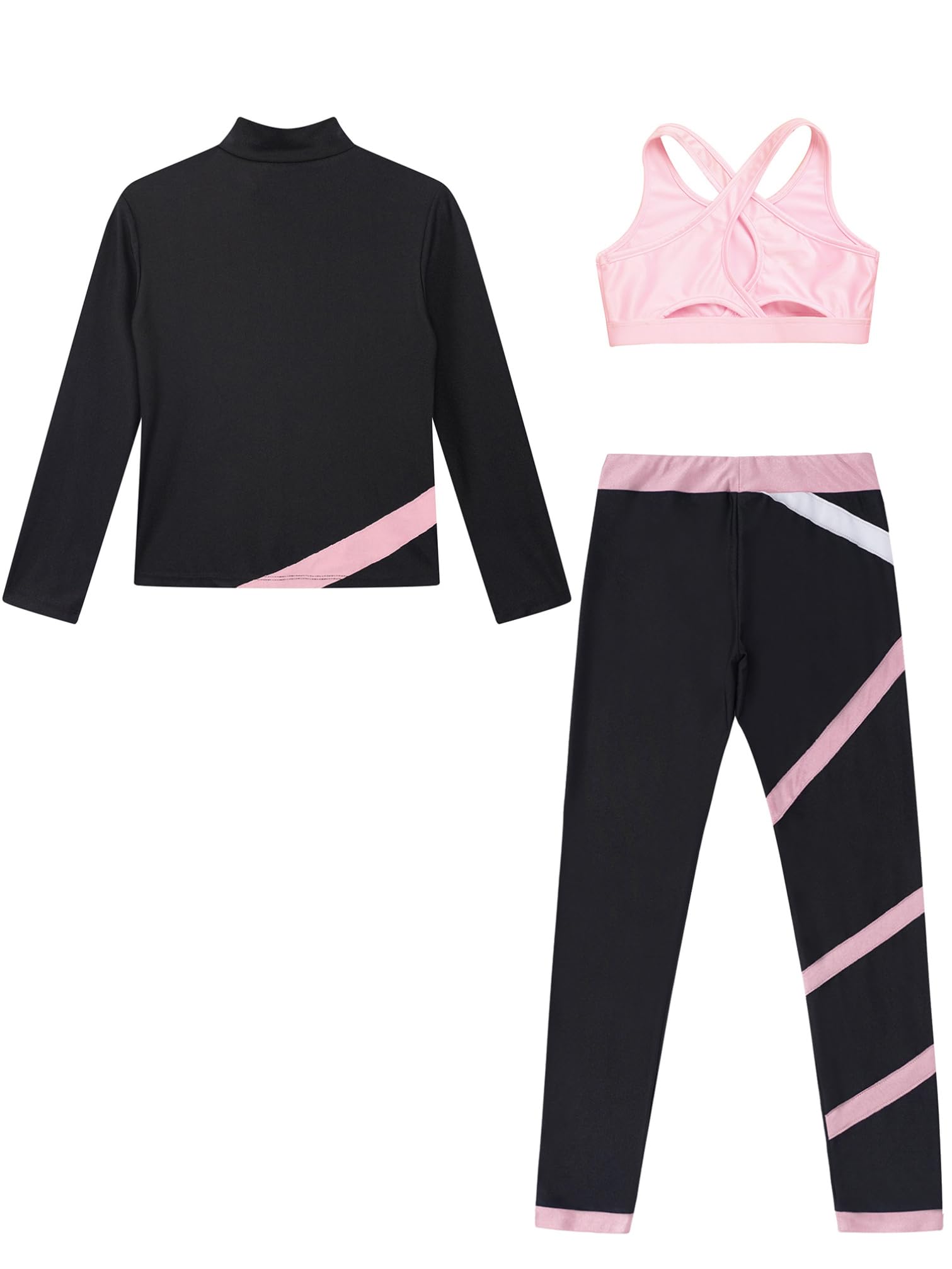 YiZYiF Ensemble Patinage Artistique Enfant Fille Manches Longues Vestes Top Strass Zippée et Débardeur Legging de Sport Survêtement Justaucorps Gymnastique 5-16 ans