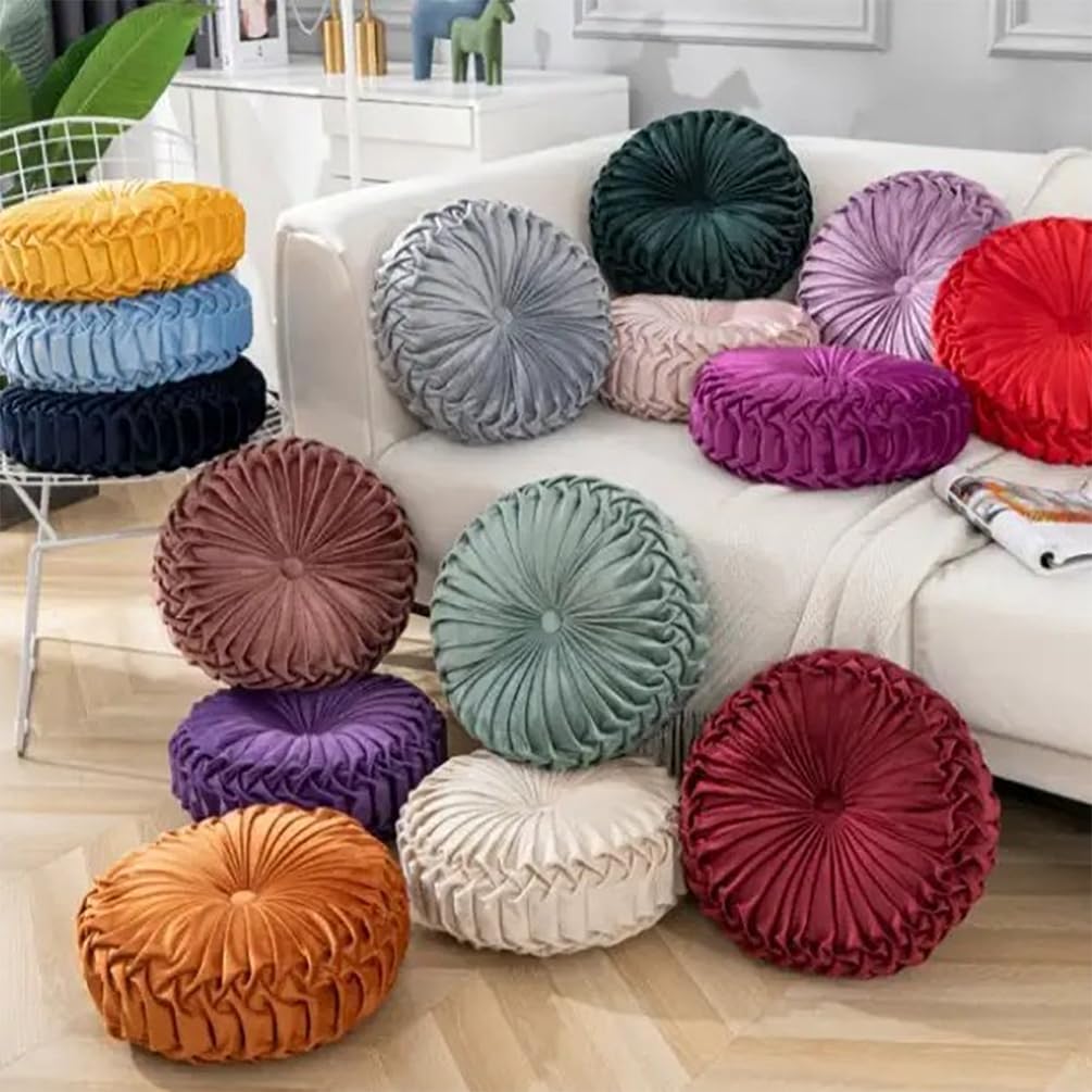 Fennco Styles Burgundy Velvet Pintucked Filled Throw Pillow 15" Round - Luxurious Decorative Accent Cushion for Home, Living Room, Bedroom and Holiday Décor (Burgundy)