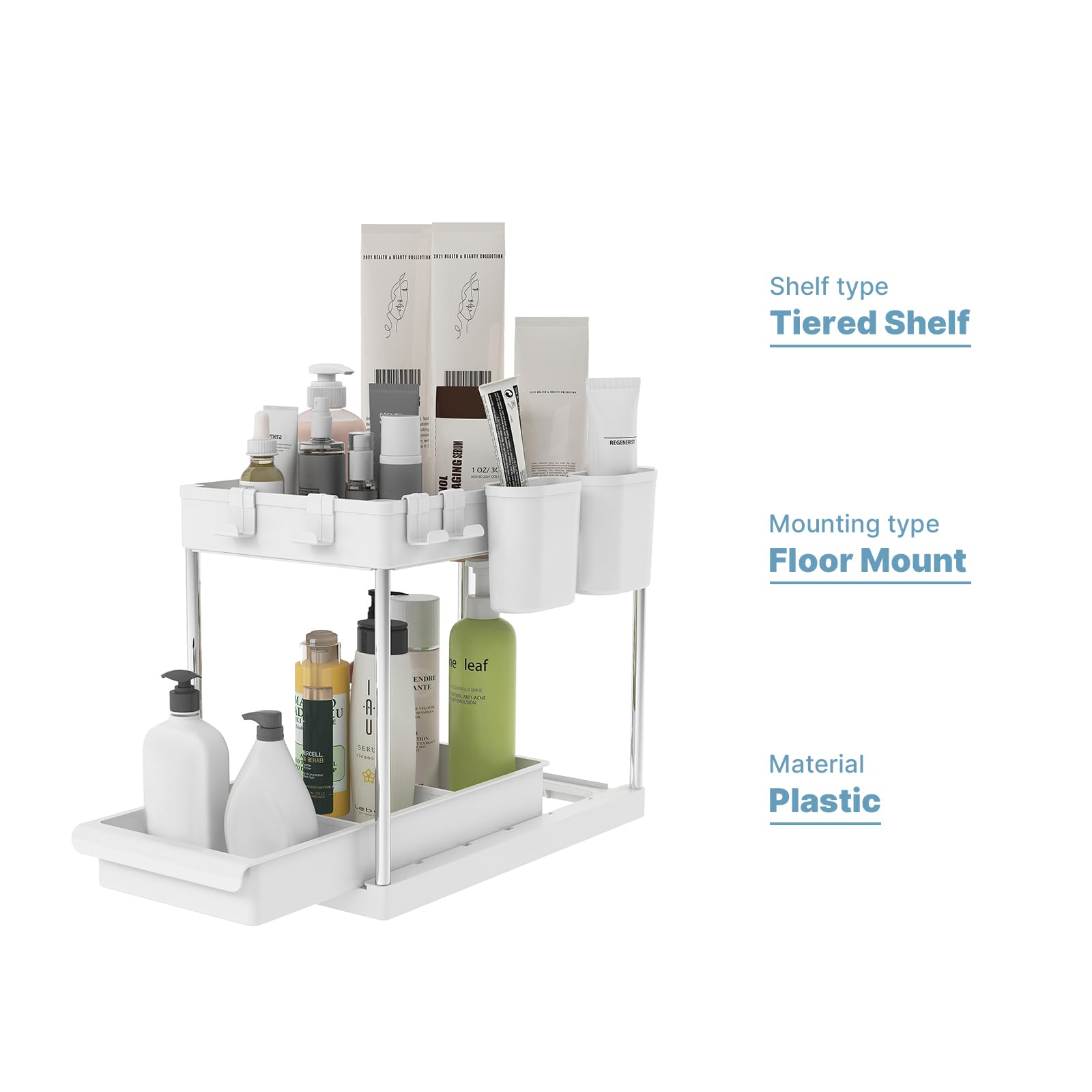 Mondeer Portaoggetti Sotto il Lavello Meerveil, Multifunzionale, a 2 Livelli, con 4 Ganci e 2 Tazze per Appendere, Per Ufficio, Cucina,Bagno, L22 x P40.7 x H32.5cm, Bianco