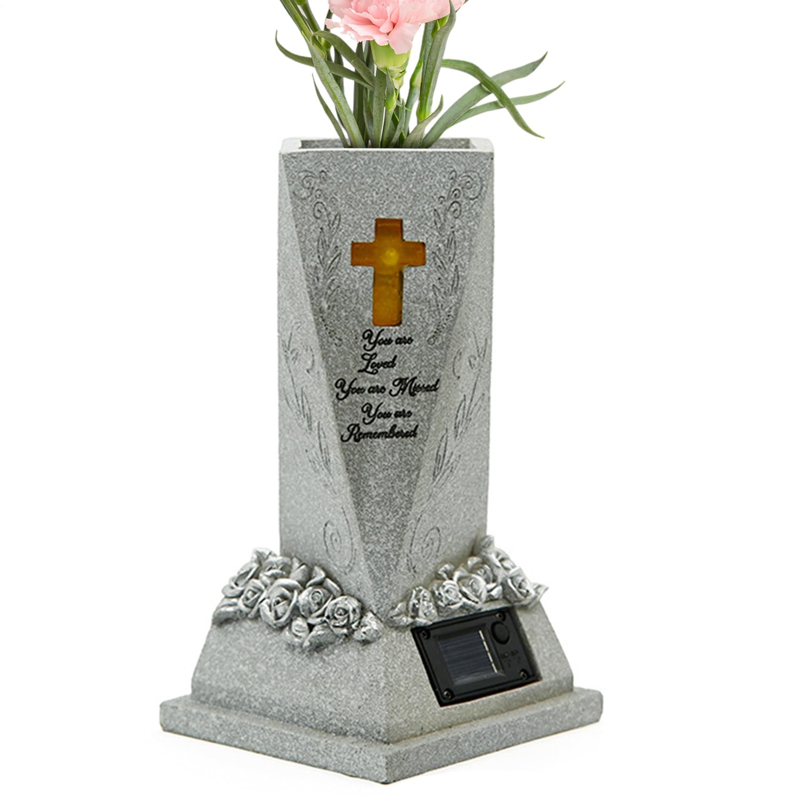 Générique Vase Funéraire avec Lumière Solaire, Décorations Funéraires pour Fleurs Fraîches Ou Artificielles, Vase Funéraire Décoratif Solaire en Résine pour Pelouse, Cour, Cimetière Et Jardin