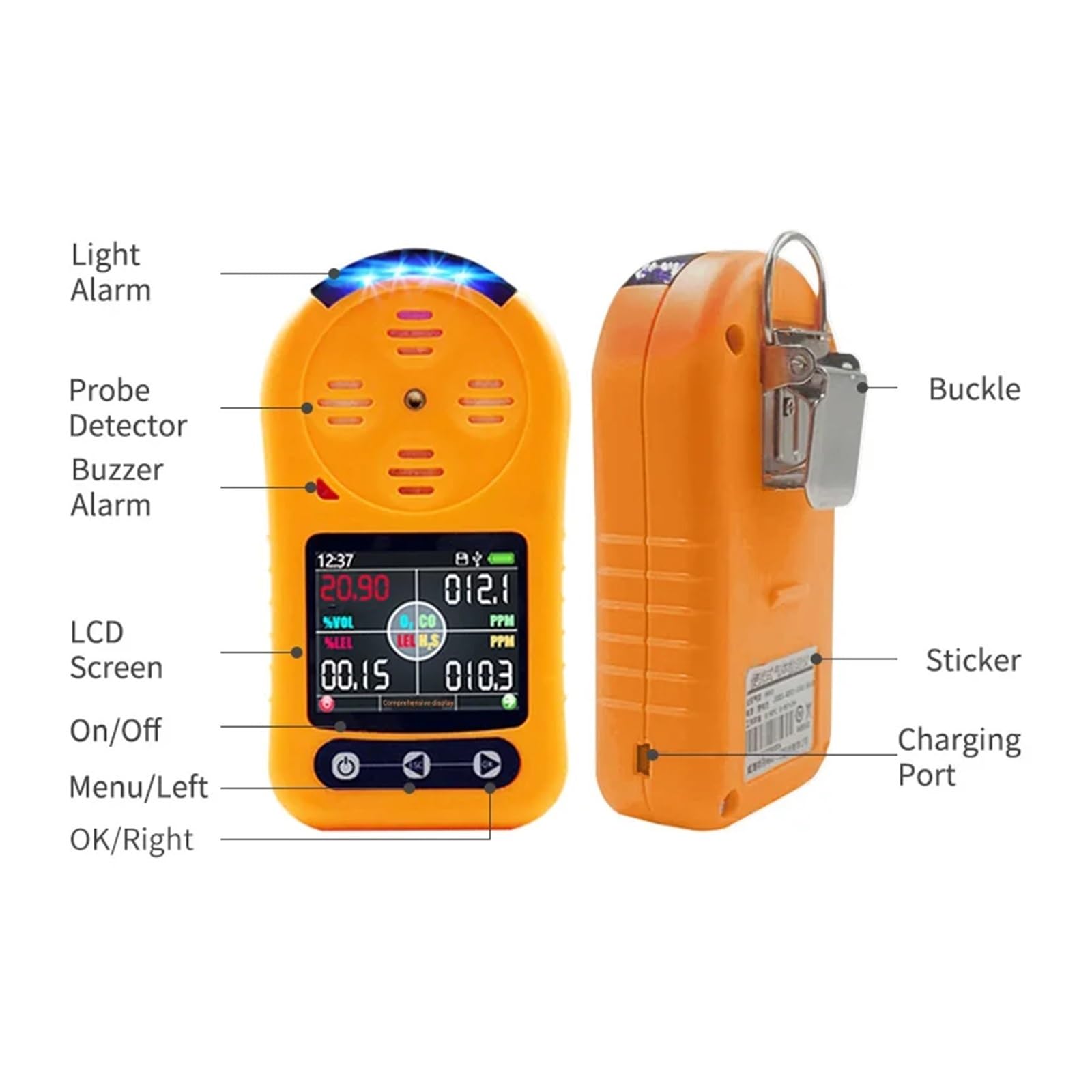 Détecteur de gaz Portable sans Fil 4 en 1 O2 CO LEL H2S avec Alarme et Affichage Temps Réel