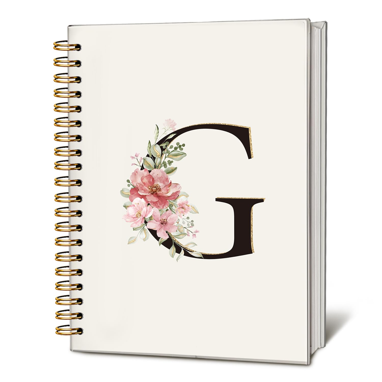 Cuaderno de letra G con inicial G, cuaderno personalizado con monograma de flores rosadas y doradas, regalos para mujeres, cuaderno en espiral personalizado, 5.5 x 8.3 pulgadas