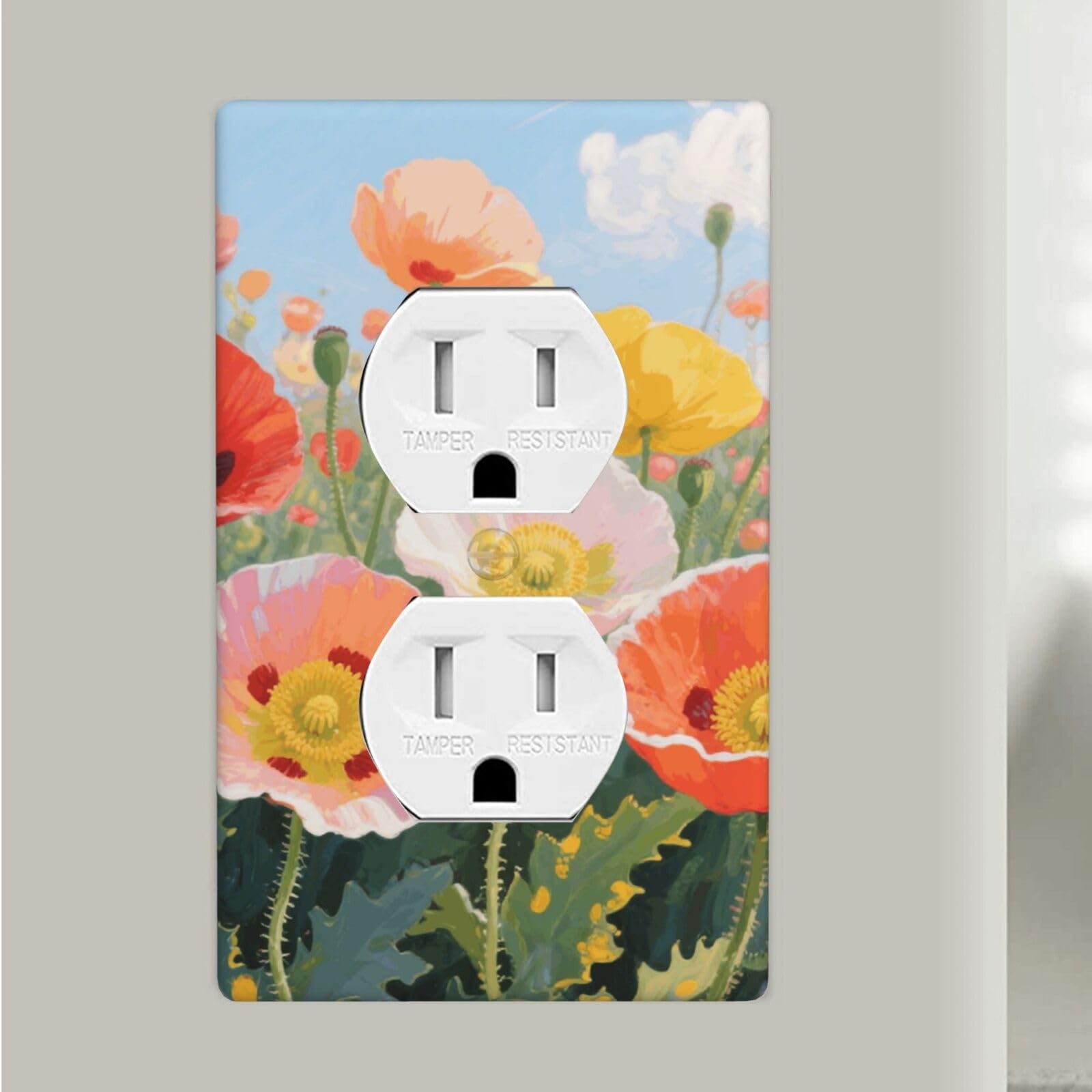 Fekiloot Colorful Poppy Floral Duplex Outlet Covers Wall Plates 1-Gang Switch Outlet Electrical Cover Plate Unbreakable Polycarbonate Switchplate Cover Faceplate For Bathroom Kitchen Home Decor