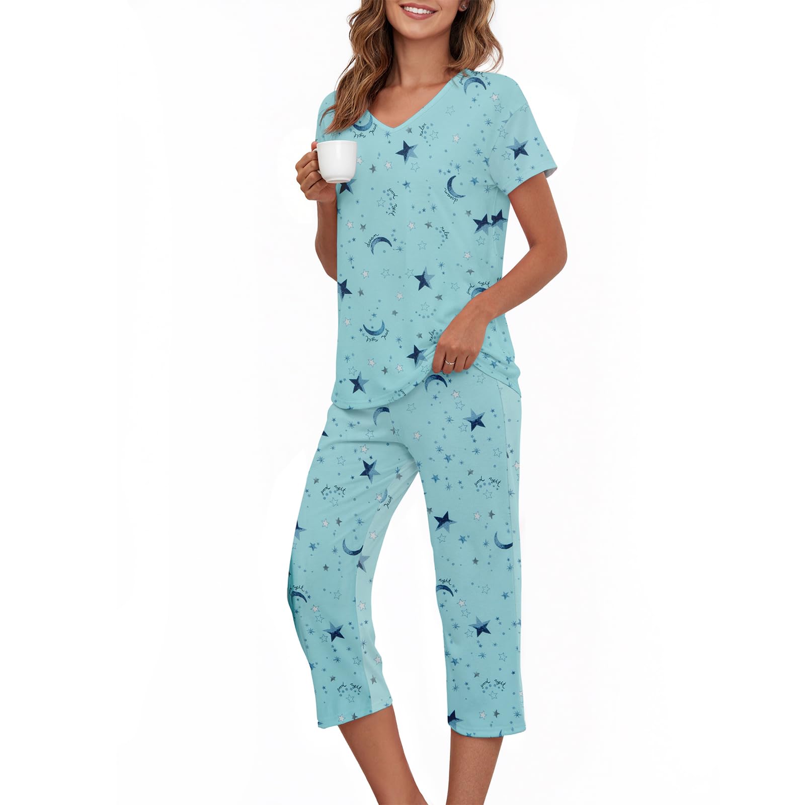 Womens Pajama Sets with Capri Pants, Soft Cotton Blend Lounge PJs Sets V Neck 2 Piece S-3XL 1 Pack