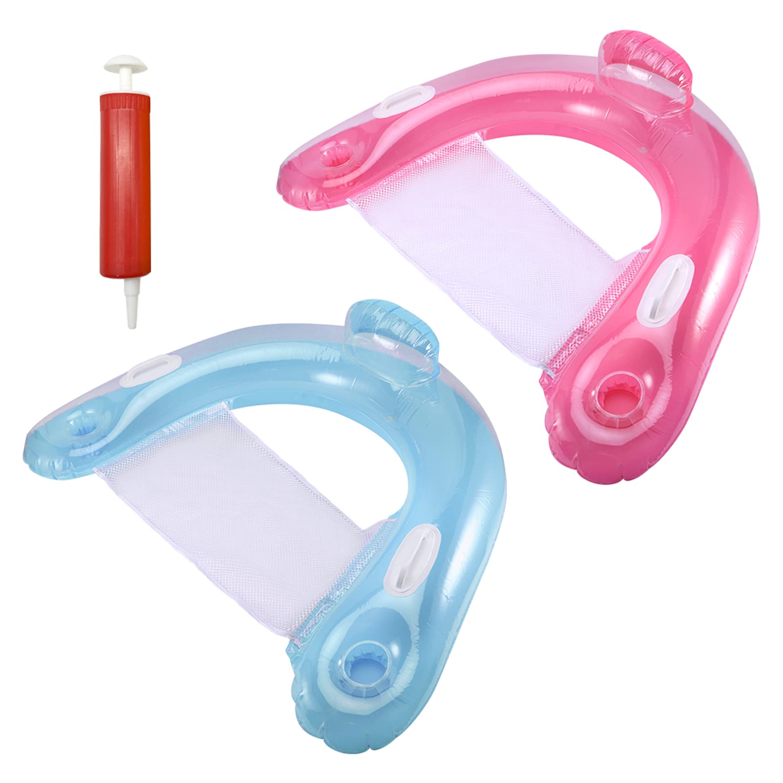 2 Pieces Inflatable Pool Floats Lounger with Air Pump — Zero Gravity Pool Floats, Water Leisure Inflatable Floating Chair with Pool Floating Tube Armchair and Cup Holder for Floating