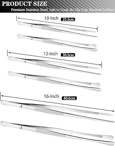 Miniatura 3 de JETKONG 2 pinzas de cocina de acero inoxidable de 12 pulgadas, pinzas rectas para alimentos, pinzas de cocina profesionales para reparar y hacer