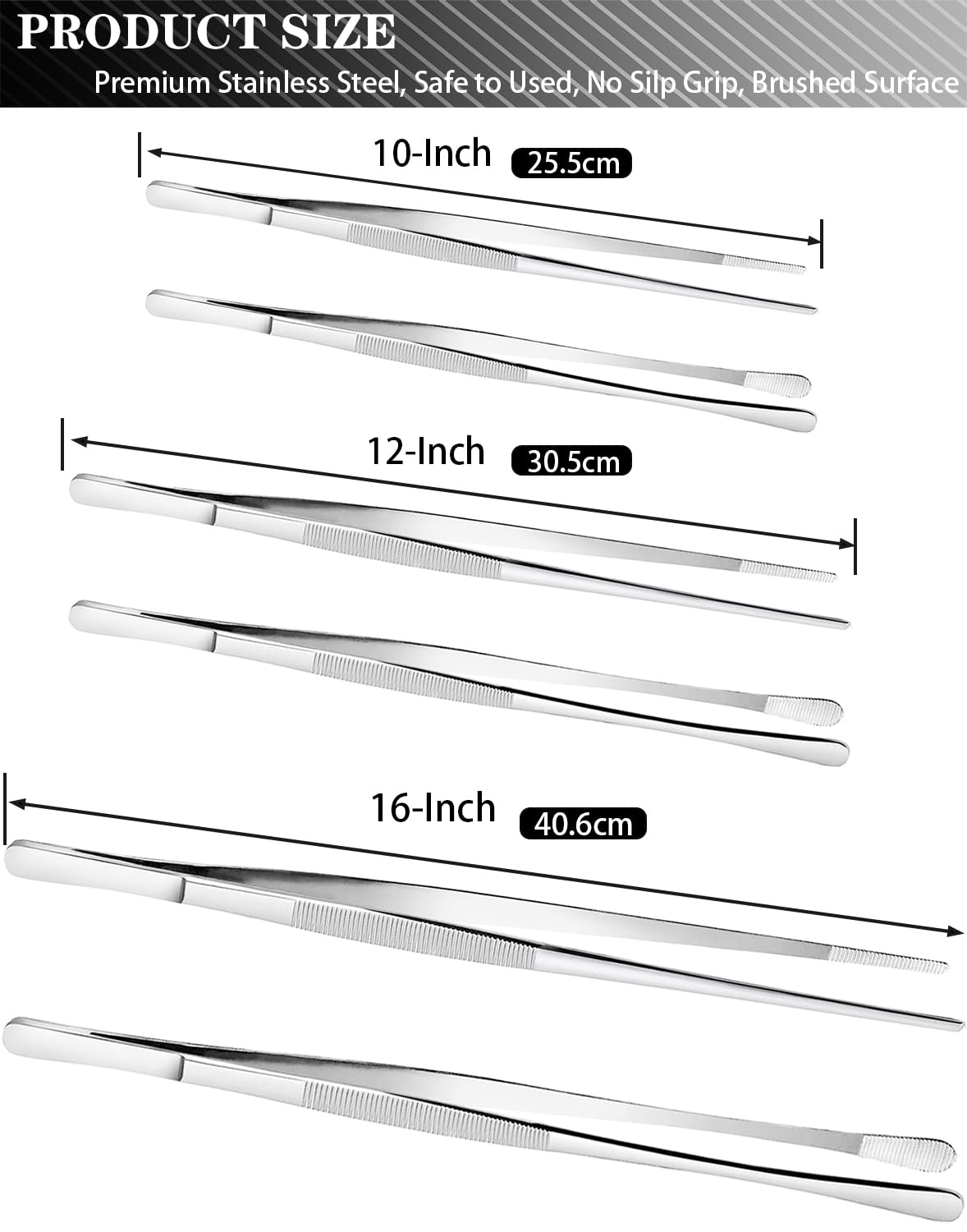 JETKONG Juego de 4 pinzas de cocina de acero inoxidable, pinzas largas de cocina profesionales para cocinar, reparar y barbacoa (10 + 12 pulgadas, plateado)