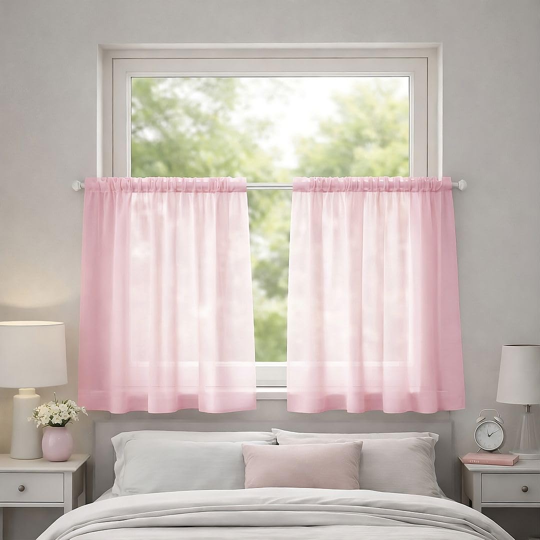 John Aird Lucy Voile Cafe Curtains - Rod Pocket Slot Top - Pair Net Curtains - 2 Panels (Pink, W 28" x L 18")