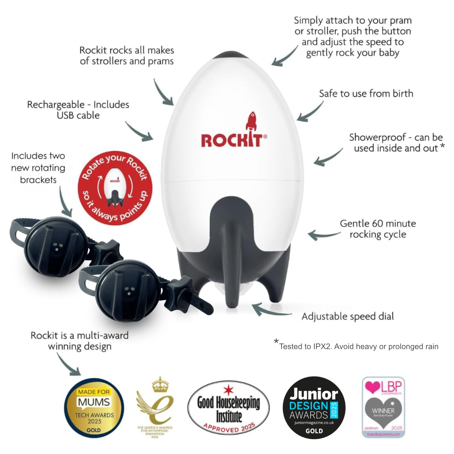 Rockit Rocker rechargeable avec deux supports – Aide au sommeil pour bébé qui berce doucement n'importe quelle poussette ou landau, vitesse réglable avec minuterie de 60 minutes – S'adapte à toutes