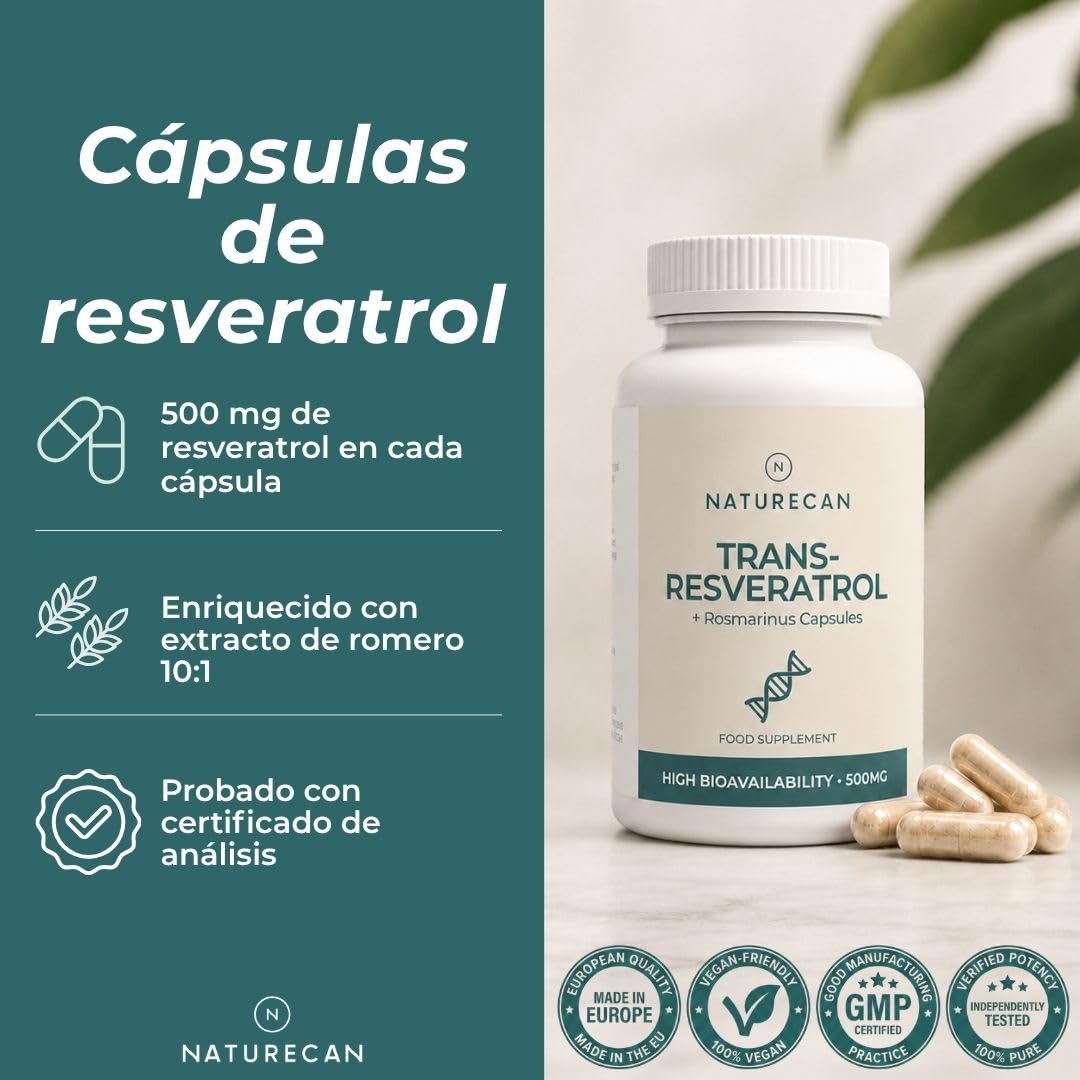 Naturecan Resveratrol y Romero - 500 mg - 60 cápsulas - Suplemento dietético - Fabricado en Europa