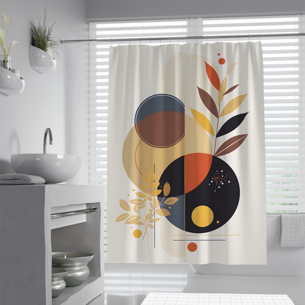 UIRINGART Modernist Shower Curtain W160xL200cm Navy Circle Leaves Art Mould Proof Easy to clean Polyester Fabric Lightweight Bathroom Bathtub Curtains