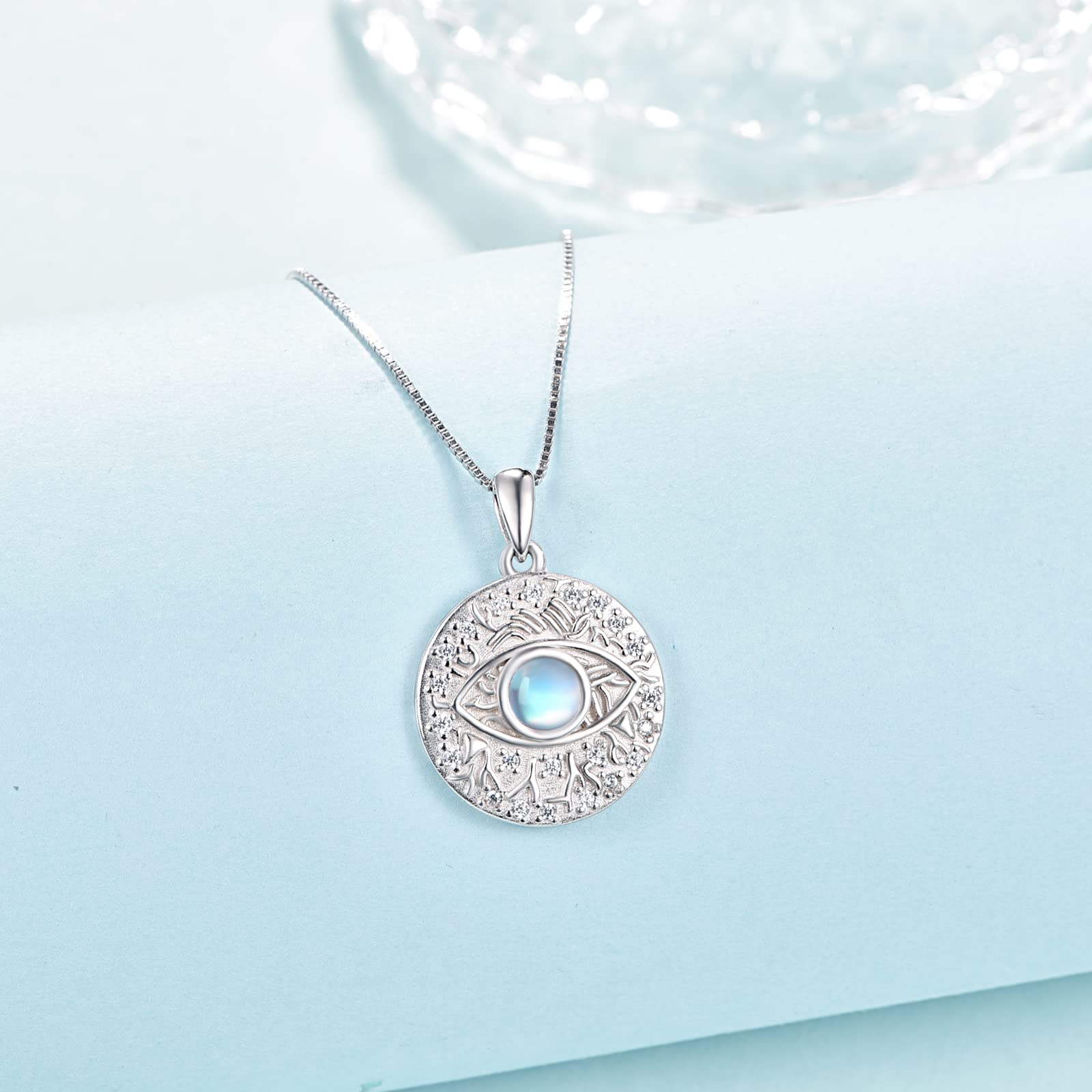 Evil Eye Mondstein/Opal/Zirkonia Halskette 925 Sterling Silber Auge des Horus Halskette Blau Opal Evil Eye Anhänger Schmuck Geschenke für Damen Mädchen Frauen Freunde