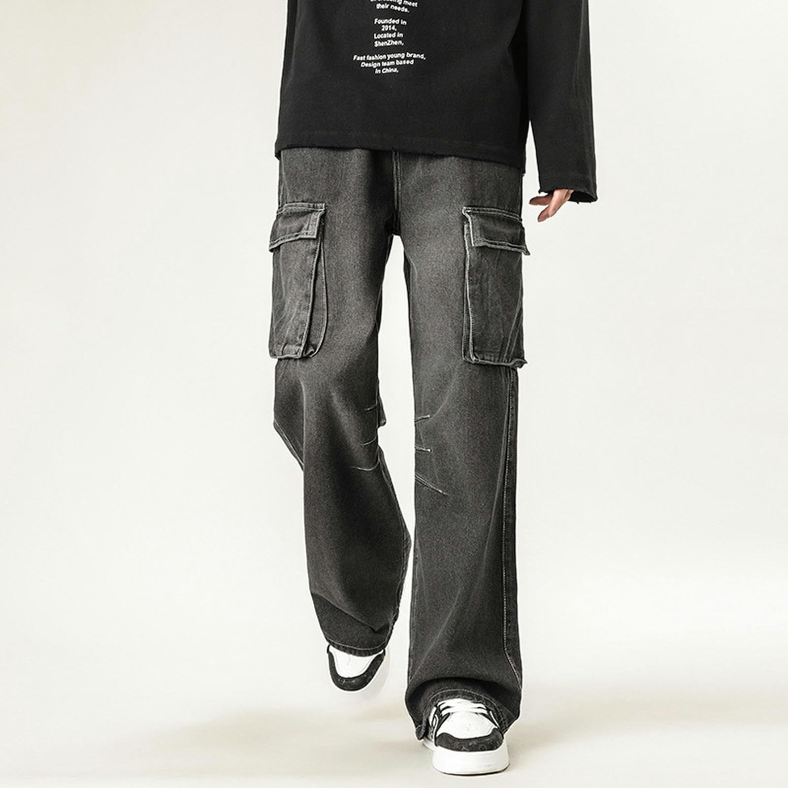 Jeans Uomo Estate Gamba Larga Salopette Larga High Street Multi-Tasche Casual Pantaloni Funzionali - Nero Grigio - M
