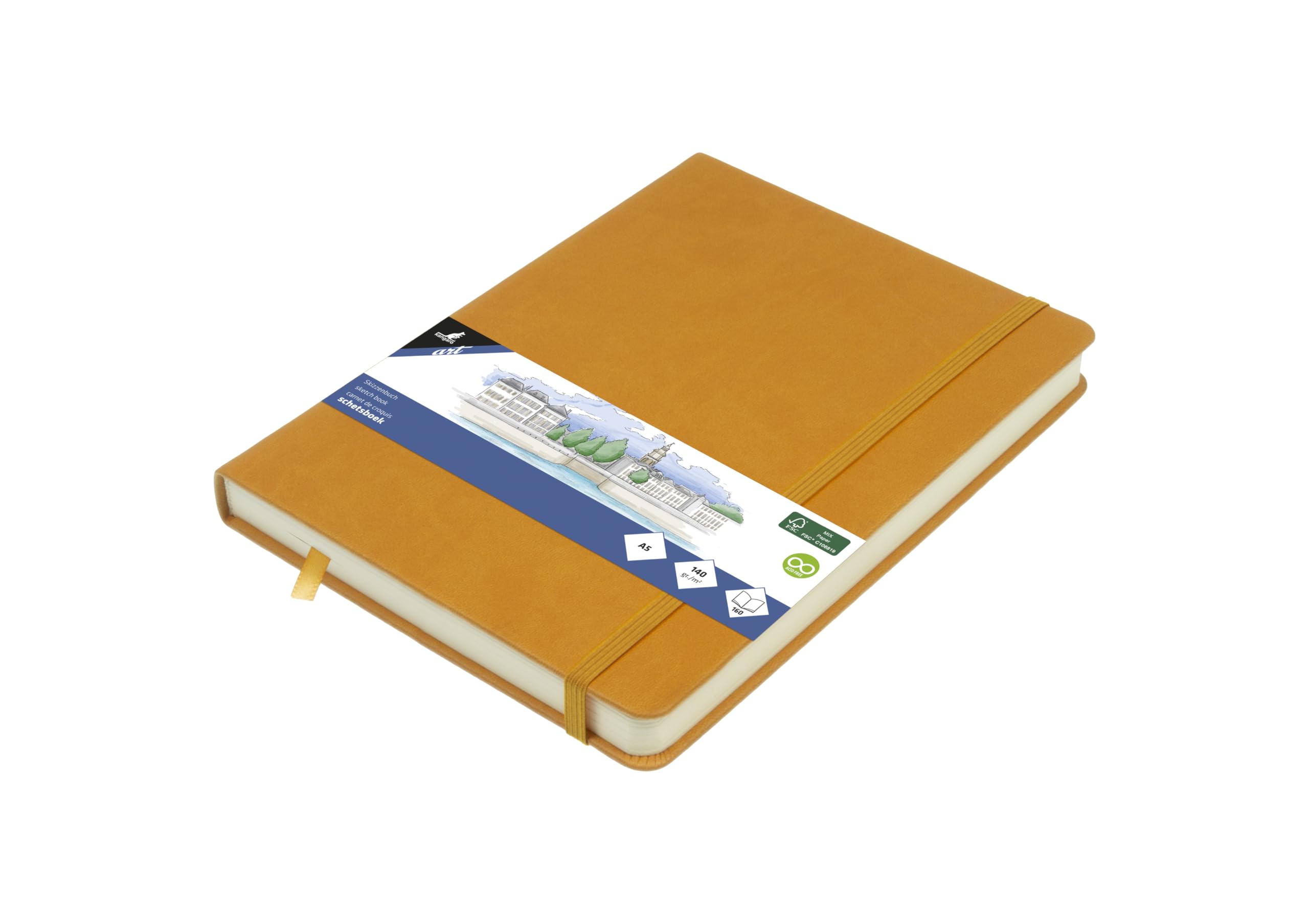 Kangaro Art Sketchbook A5 Ochre Yellow PU Hard Cover 80 Sheets 140 g Cream Paper