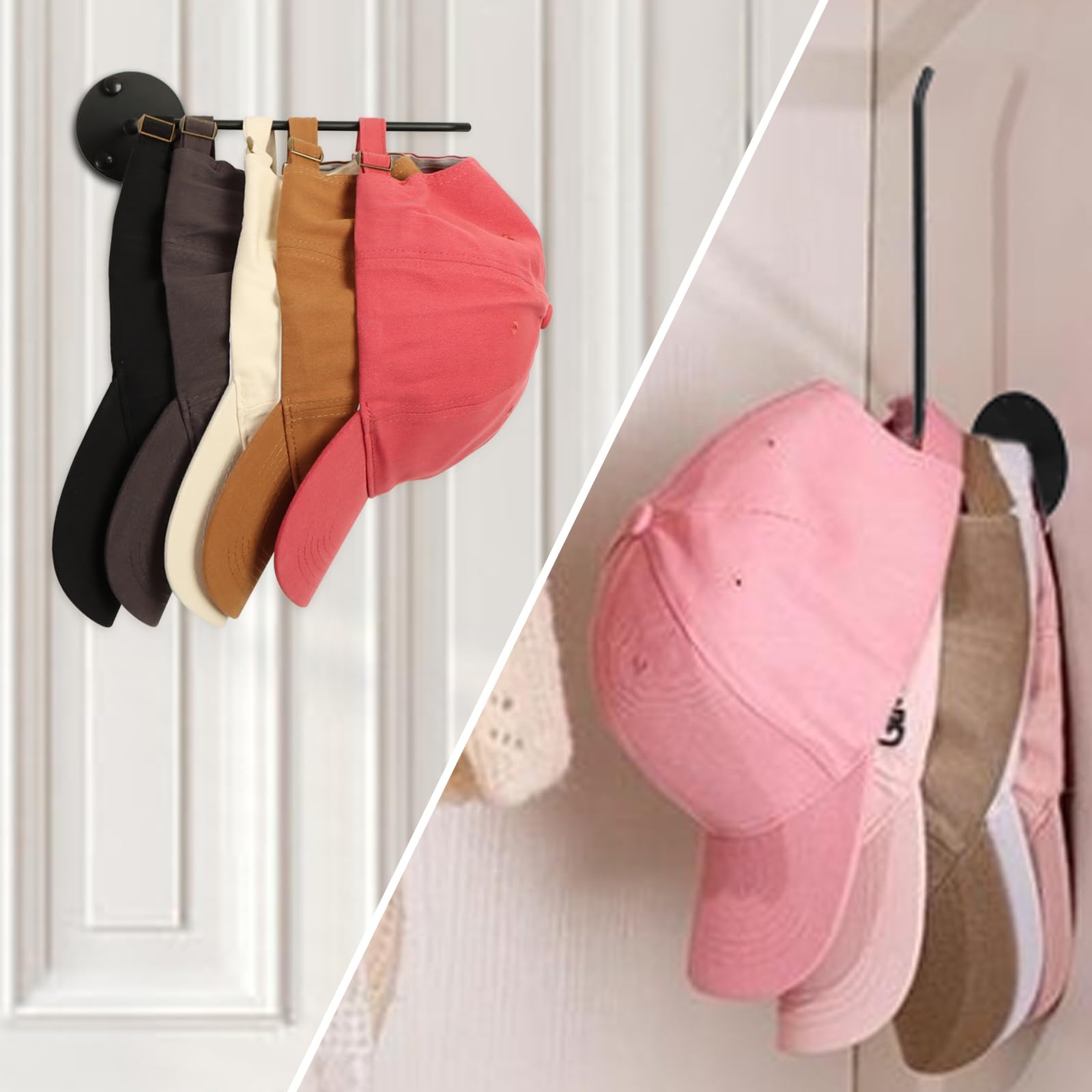 2 Pack Hat Racks for Baseball Caps, 2 in 1 Hat Hanger Hooks Stainless Steel Adhesive Strong Hat Organizer Wall Mount Hat Holder Can Hold 20 Caps Hook Organizer for Closet Bedroom Storage/Door