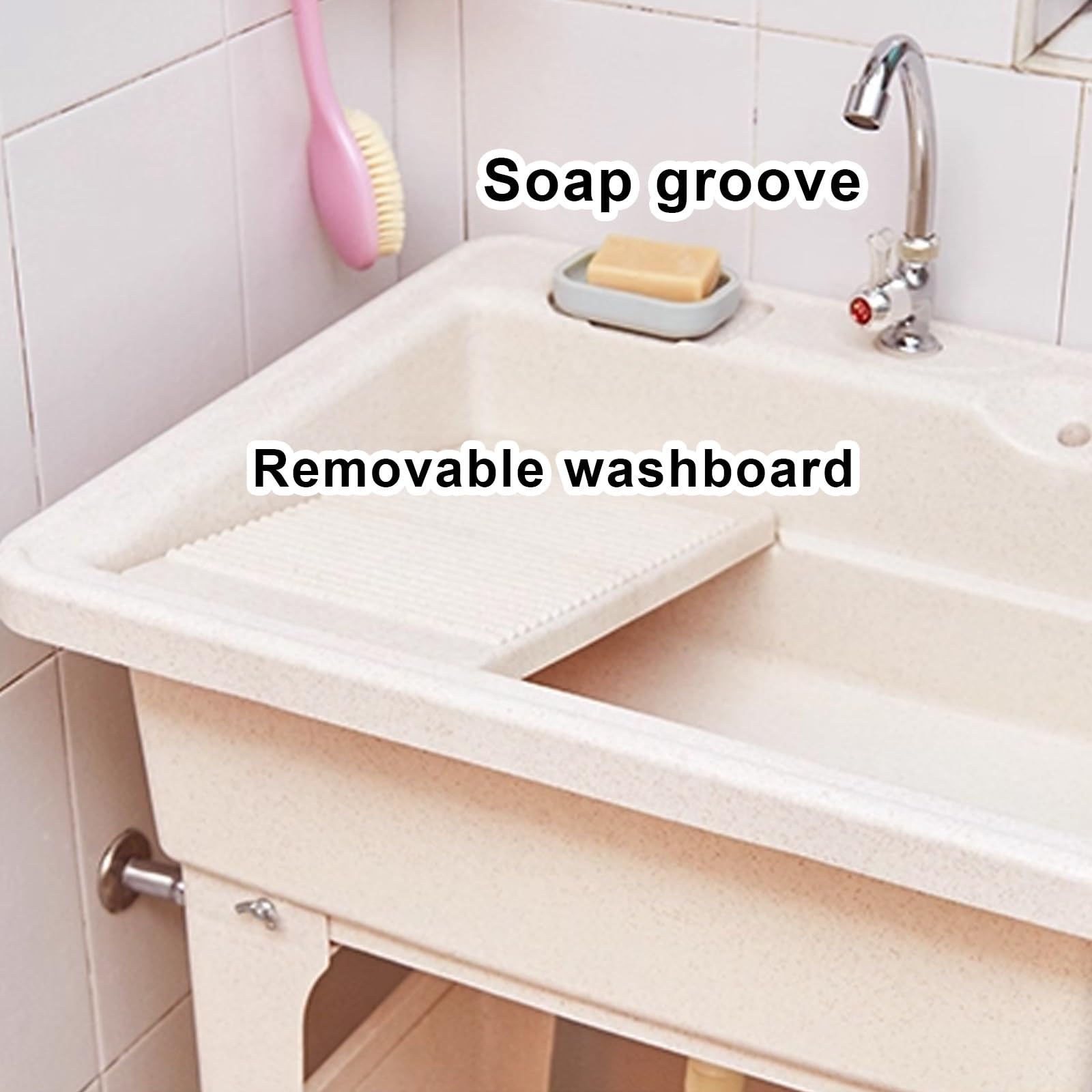 Lavatoio Lavanderia, Lavello da Esterno Indipendente in Plastica con Asse per Lavare, Lavandino Multiuso con Rubinetto, Tubi Flessibili e Kit di Scarico