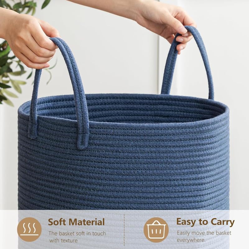 Image of Storage Cotton Rope Basket and Laundry Hamper for Dirty Clothes, Towels, Blankets, Pillows Storage in Living Room, Laundry Room and Bedroom (Blue, 14x16 Inch)