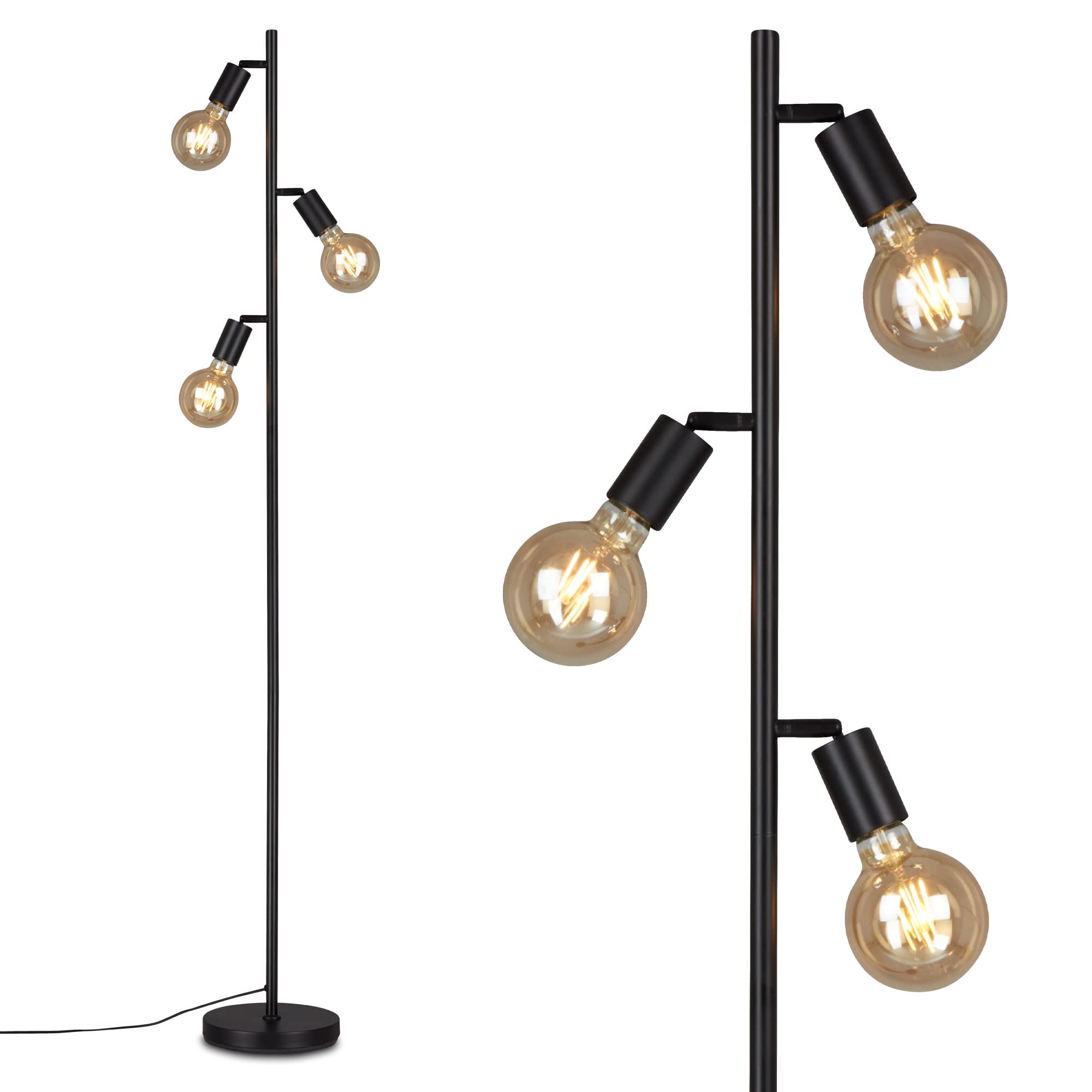 Briloner 1387-035 Lámpara de pie orientable, 3 bombillas E27, incluye interruptor de cable, diseño retro vintage, color negro, 220 x 1600 mm (diámetro x altura) 1387-035