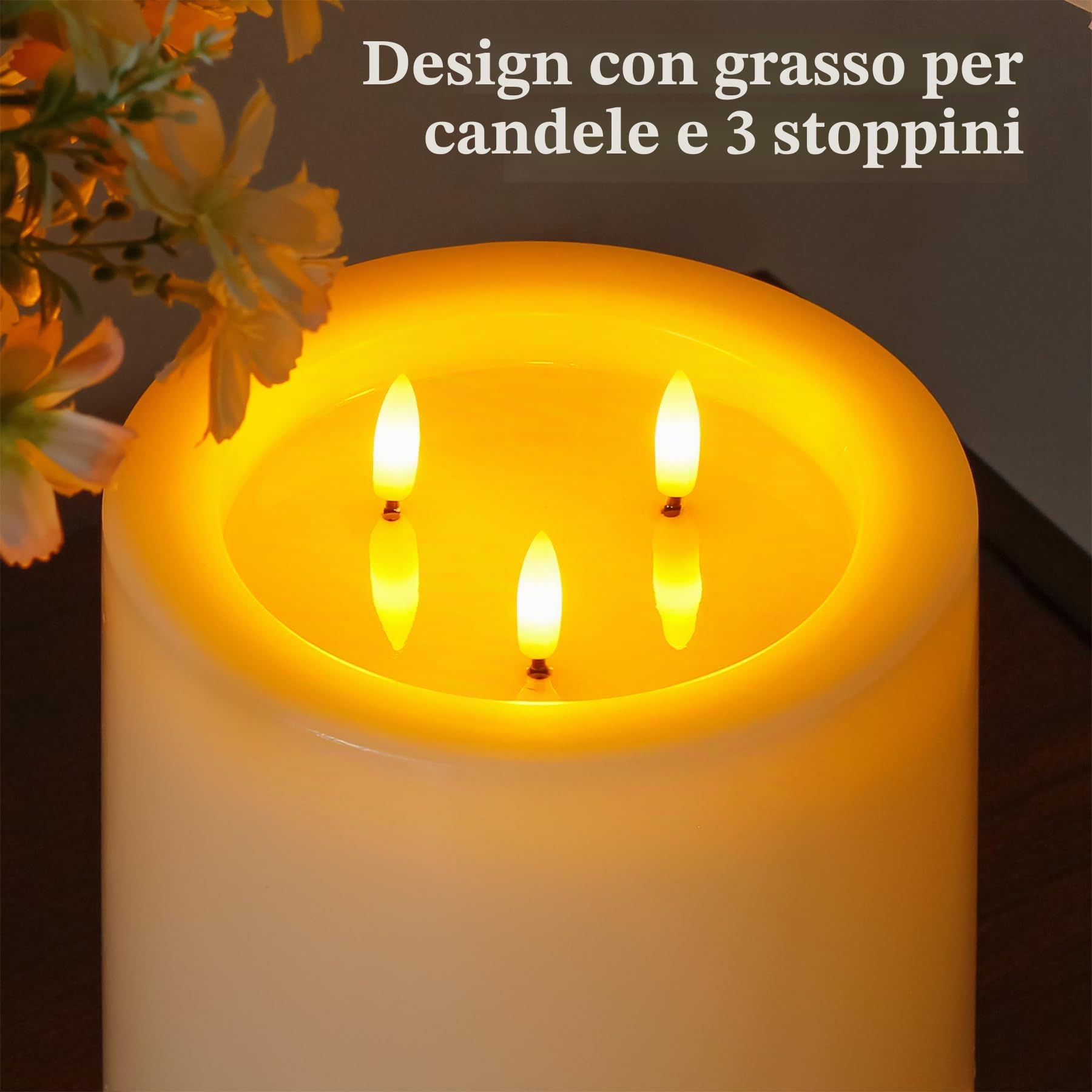 Yeelida Candela a LED senza fiamma di grandi dimensioni a 3 stoppini 15x15cm con telecomando e effetto olio di cera, funzione temporizzazione Candela di cera reale avorio sfarfallanti a batteria