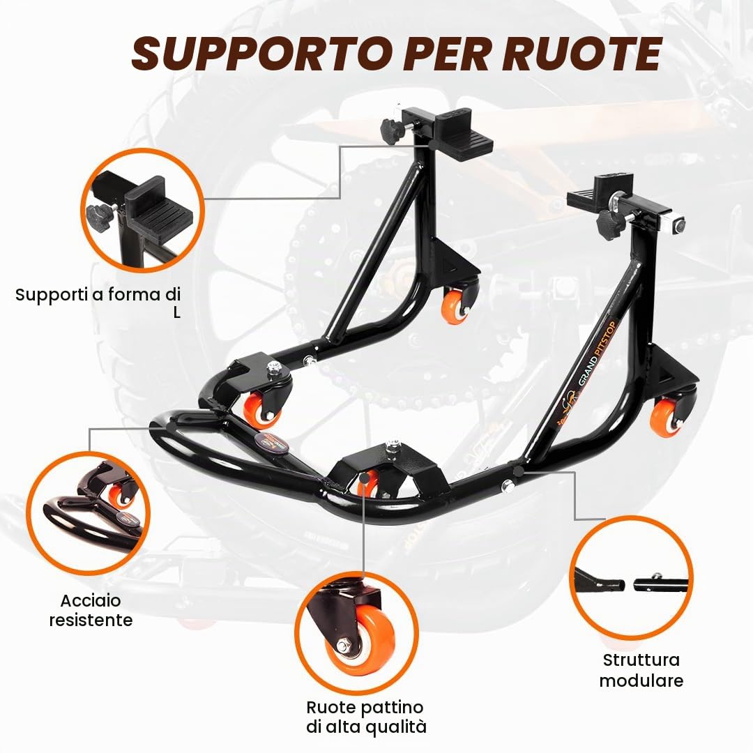 Grand Pitstop Cavalletto posteriore universale regolabile per moto con poggia forcellone (smontabile a 360°, nero, peso moto fino a 226 kg)