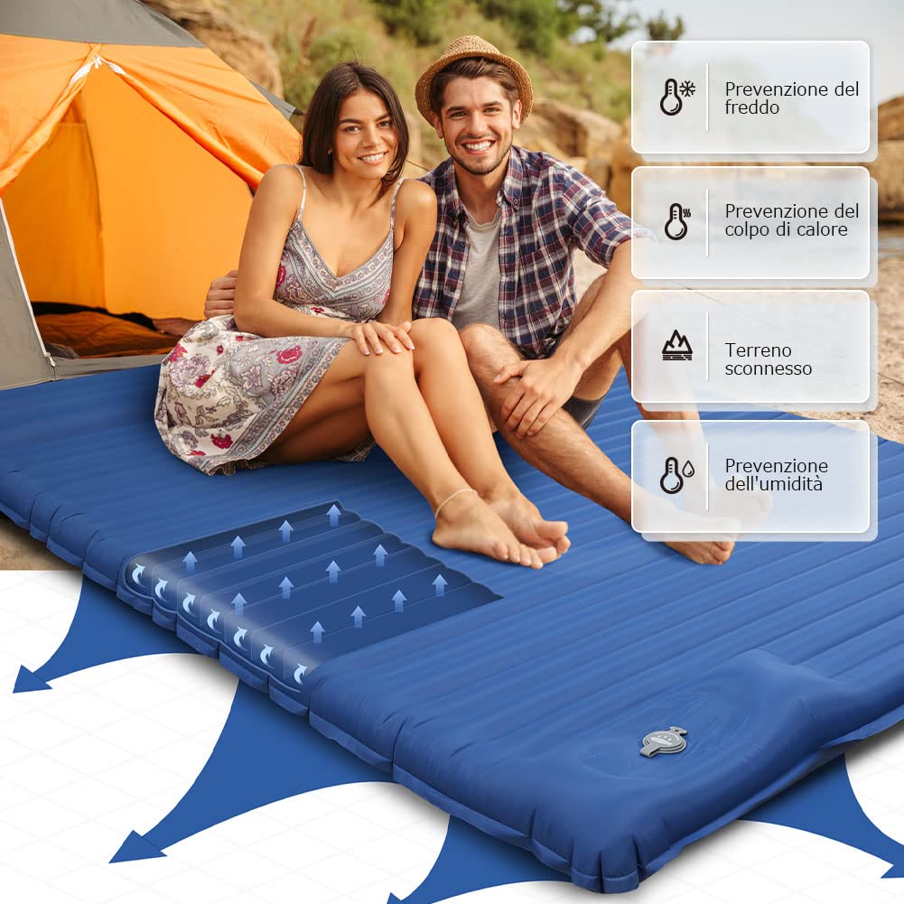 YISSVIC Materassino Campeggio per 2 Persone Gonfiabile Autogonfiabile con Cuscino Versione più Spessa Campeggio Resistente all'Acqua per Trekking Blu