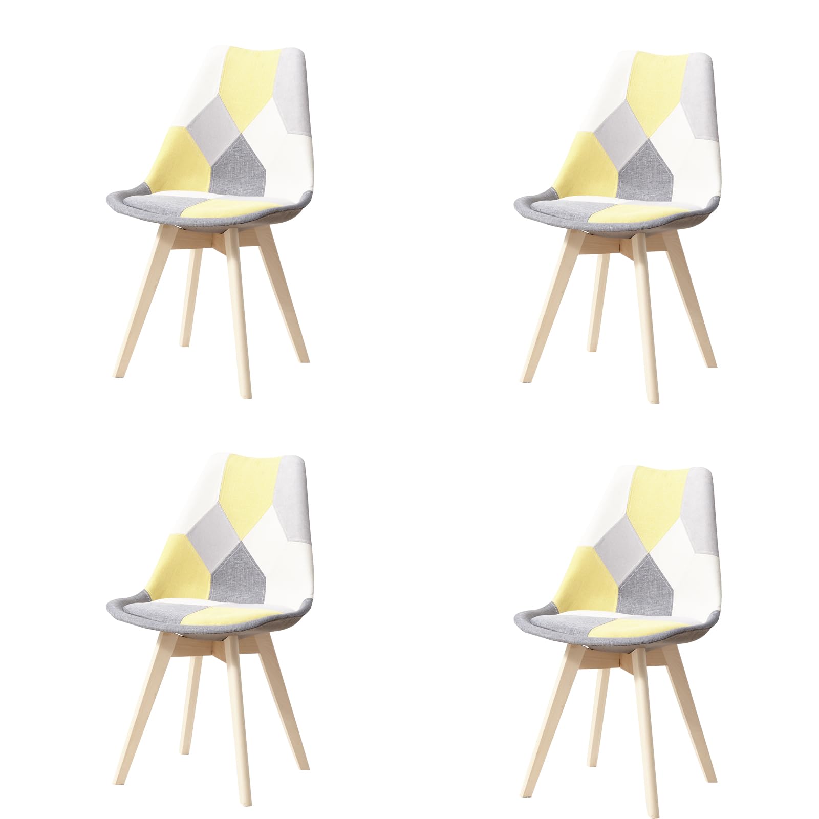 HJhomeheart Set di 4 Sedie da Pranzo in Tessuto Patchwork con Cuscino del Sedile e Gambe in Legno Massello per Sala da Pranzo, Soggiorno, Cucina, ecc. (Giallo Patchwork)