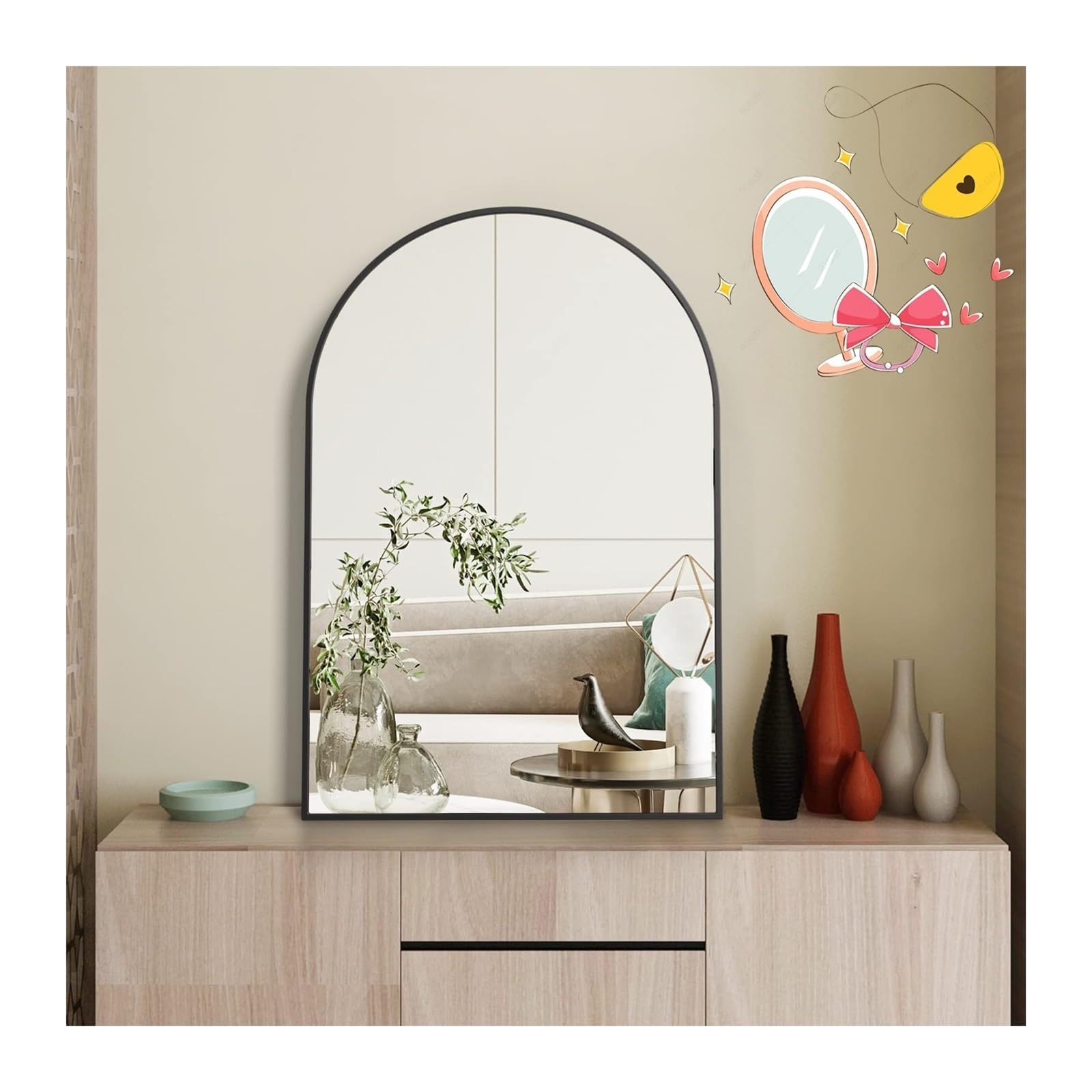 TEEBARN Specchio Da Bagno Ad Arco Cromato 61x91 Cm - Cornice In Metallo Acciaio Inox, Verticale Per Parete, Design Moderno
