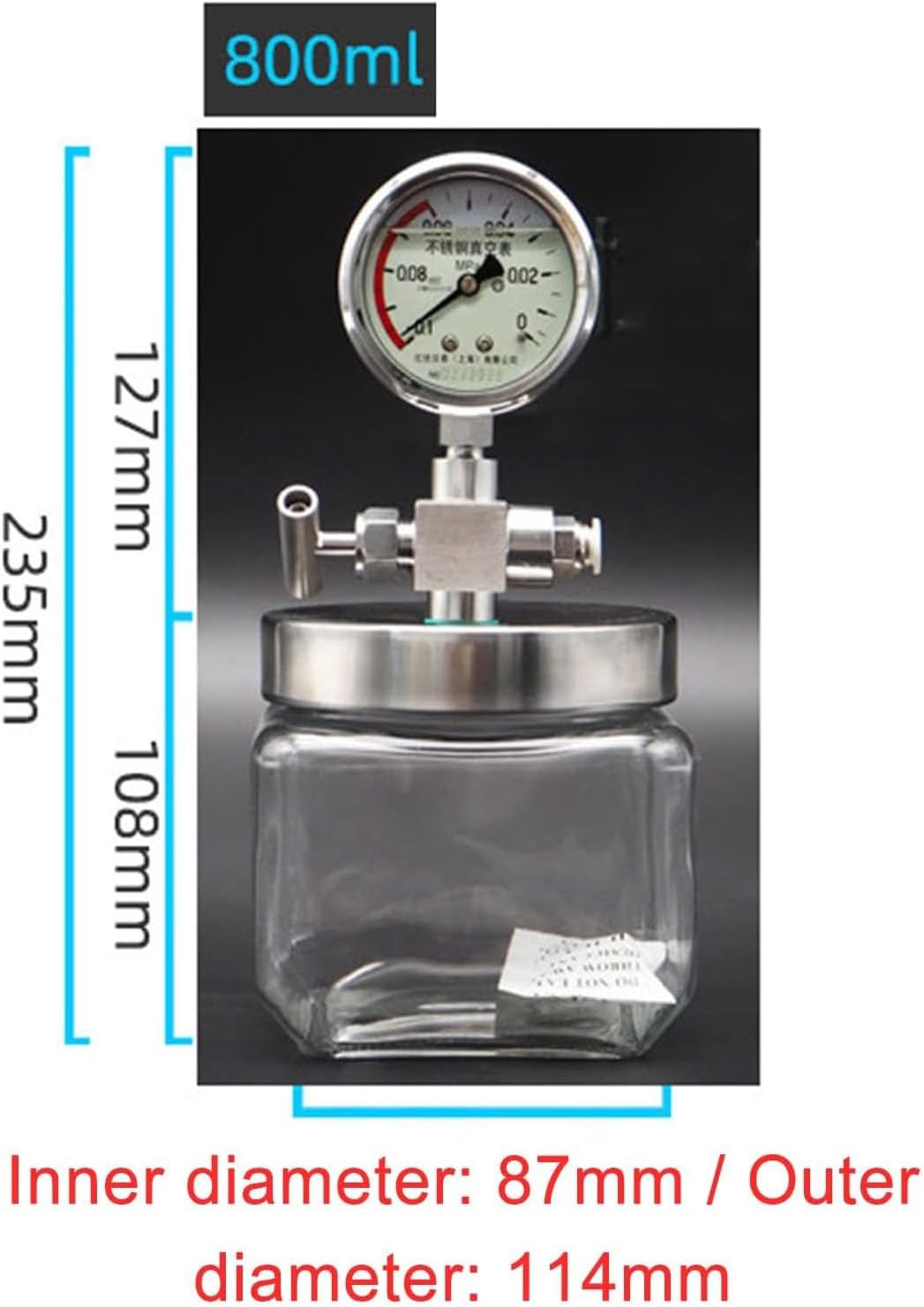 Vacuum Chamber Kit, Glass Degassing Kit with Pressure Gauge for Lab Chemical and Biological Specimen Storage, 250mL/500mL/800mL