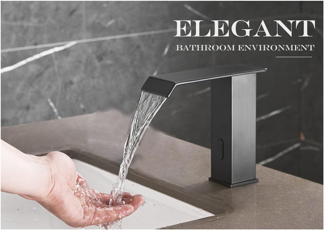 Automatic Touchless Sensor Faucet Black Motion Activated Bathroom Sink Faucets Waterfall Hands Free Water Tap with Deck Plate Temperature Mixer Valve Dual Powered Commercial