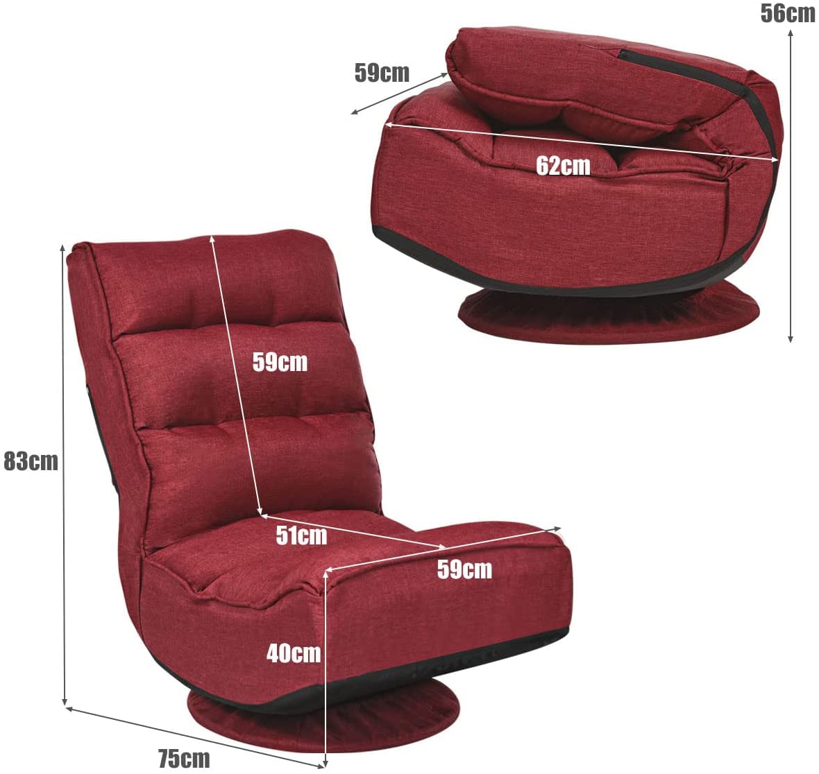 GOPLUS 360° drehbarer Bodenstuhl, klappbarer Bodensessel mit Verstellbarer Rückenlehne, Gamingsessel, Bodensofa, Meditationsstuhl, bis 120kg belastbar, für Zuhause & Büro (Rot)