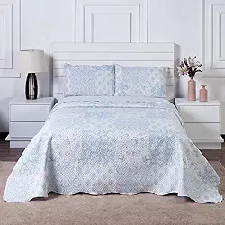 Kit Colcha Bouti Cobre Leito Casal Tecido Estampado Dupla Face 03 Peças - Fronhas Aba Americana - Matelado (2,10m x 2,40m) (AZULEJO - 013)